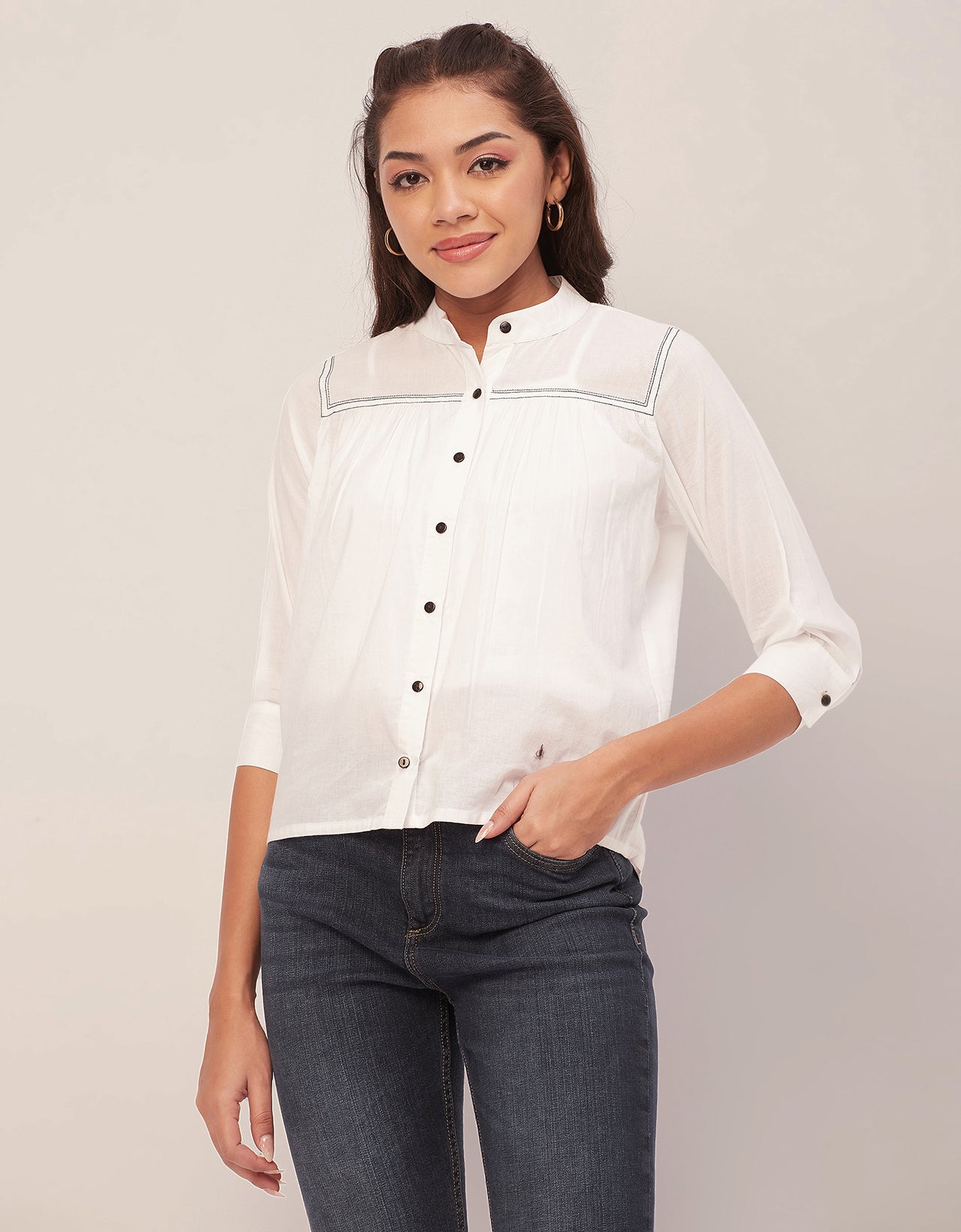 Solid Mandarin Collar Shirt