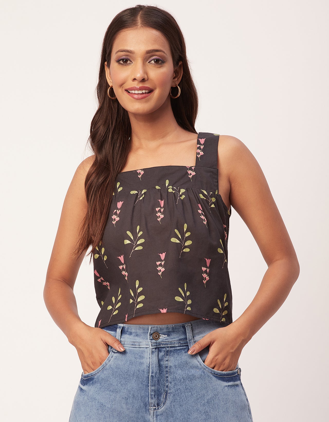 Printed Crop Top, Square Neck