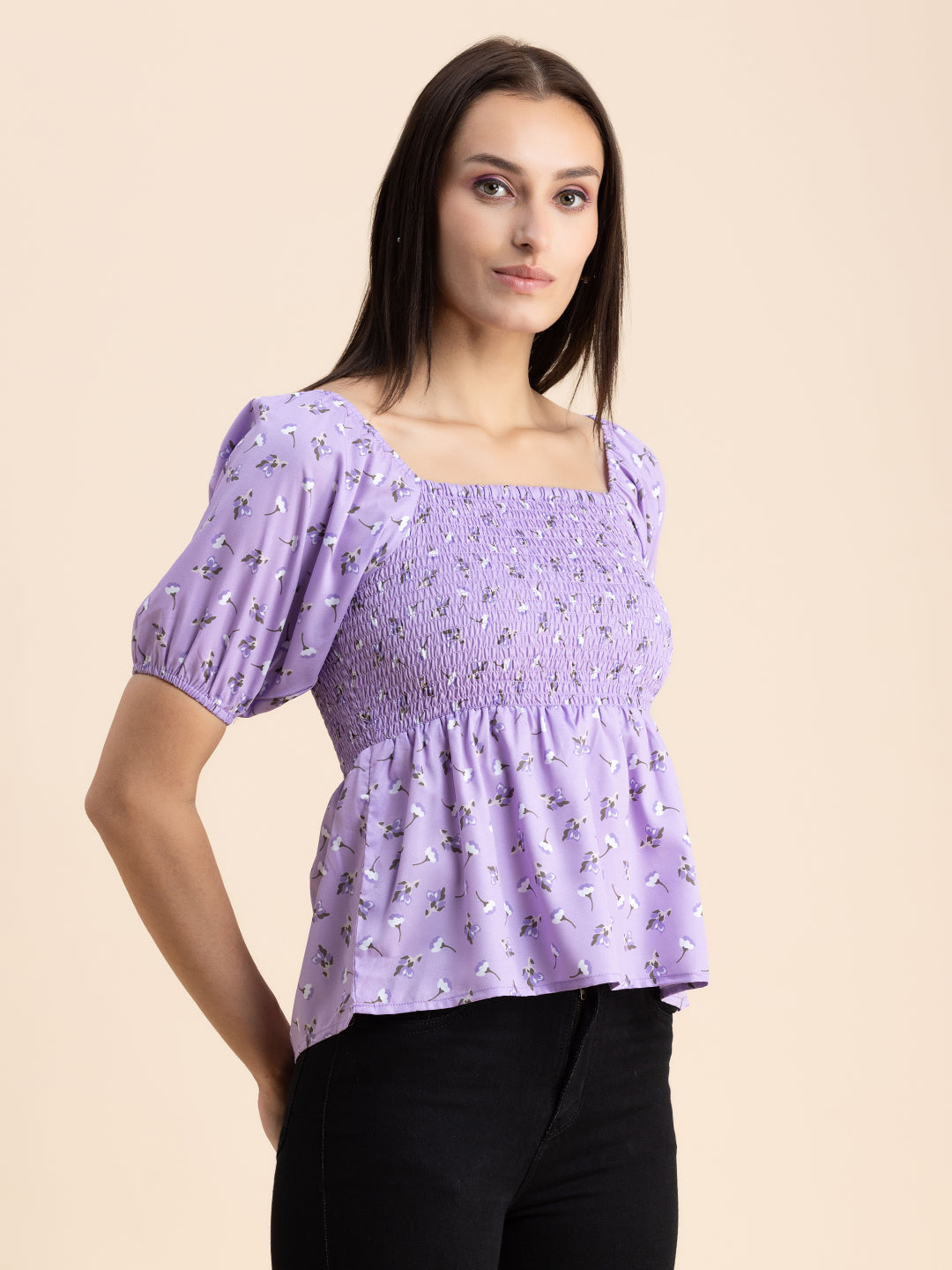 Printed Smocked Square Neck