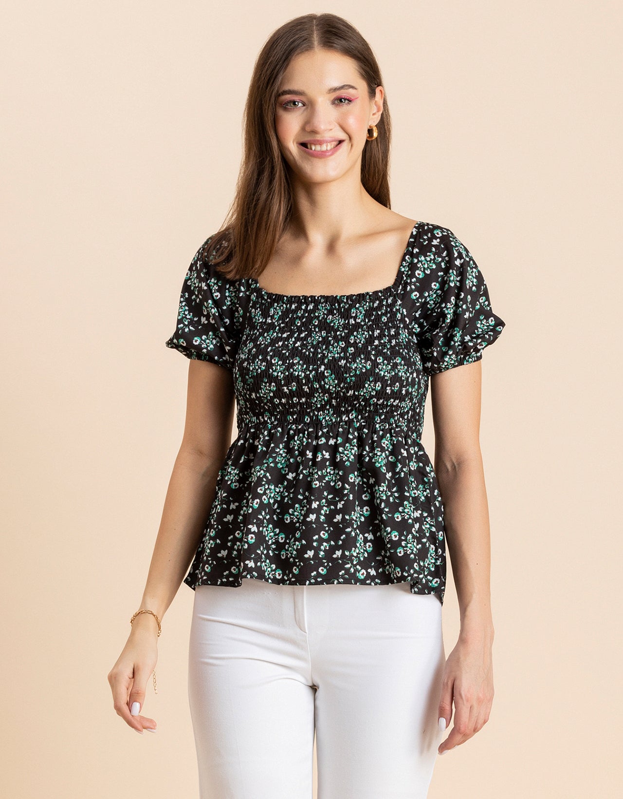 Printed Smocked Square Neck