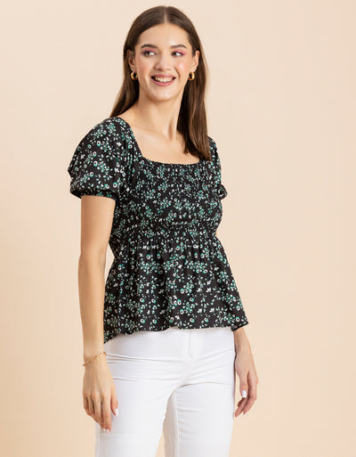 Printed Smocked Square Neck