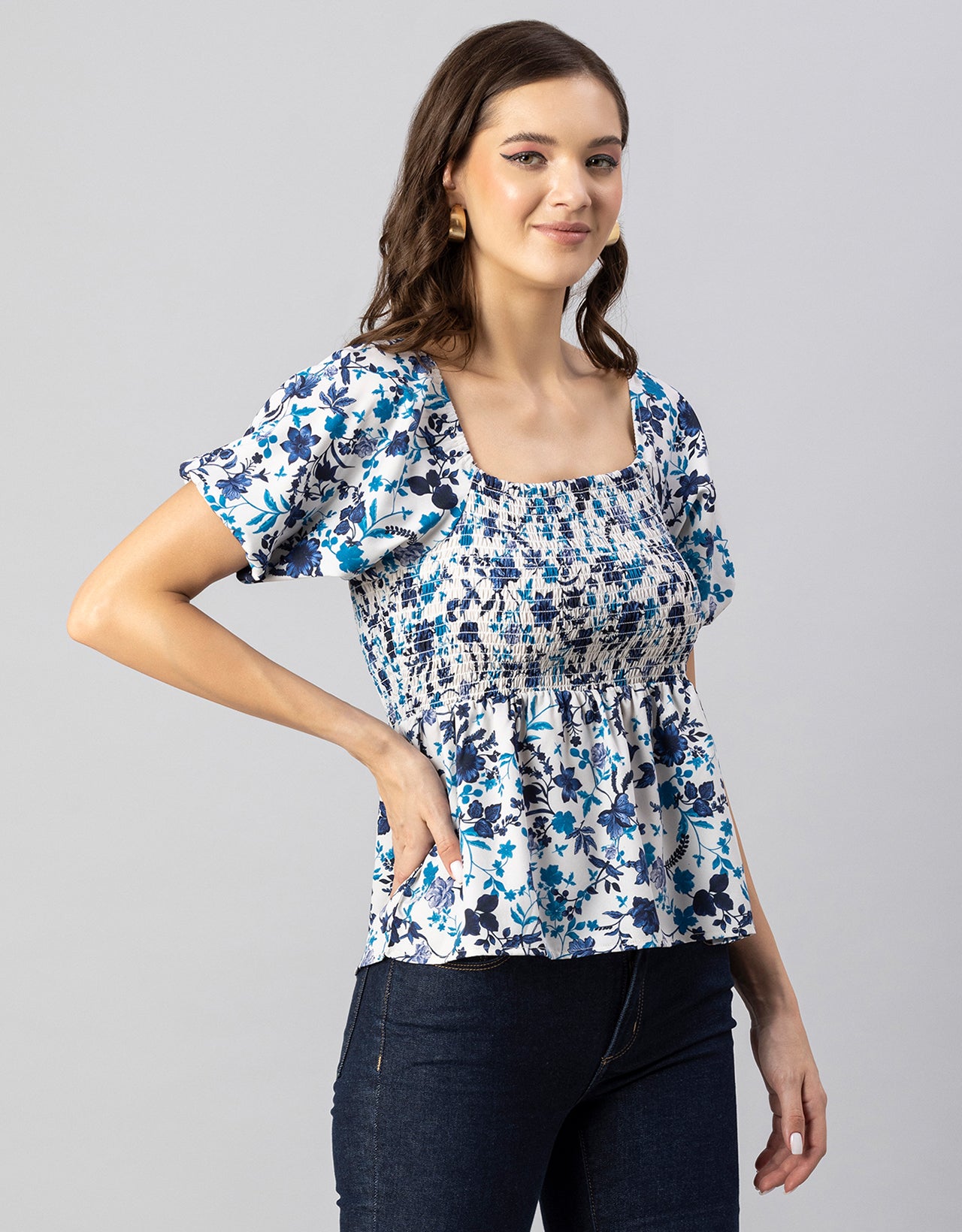 Printed Smocked Square Neck