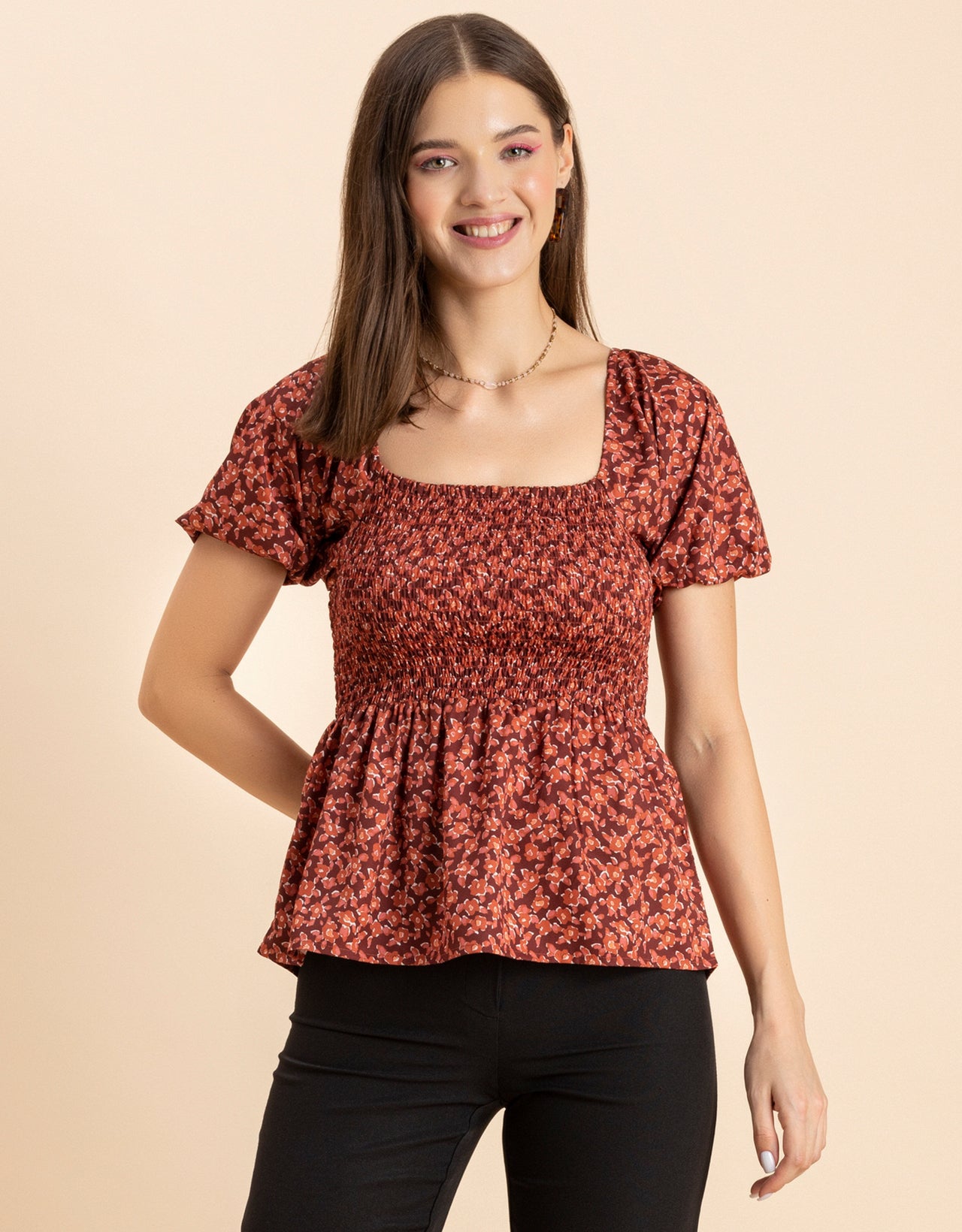 Printed Smocked Square Neck