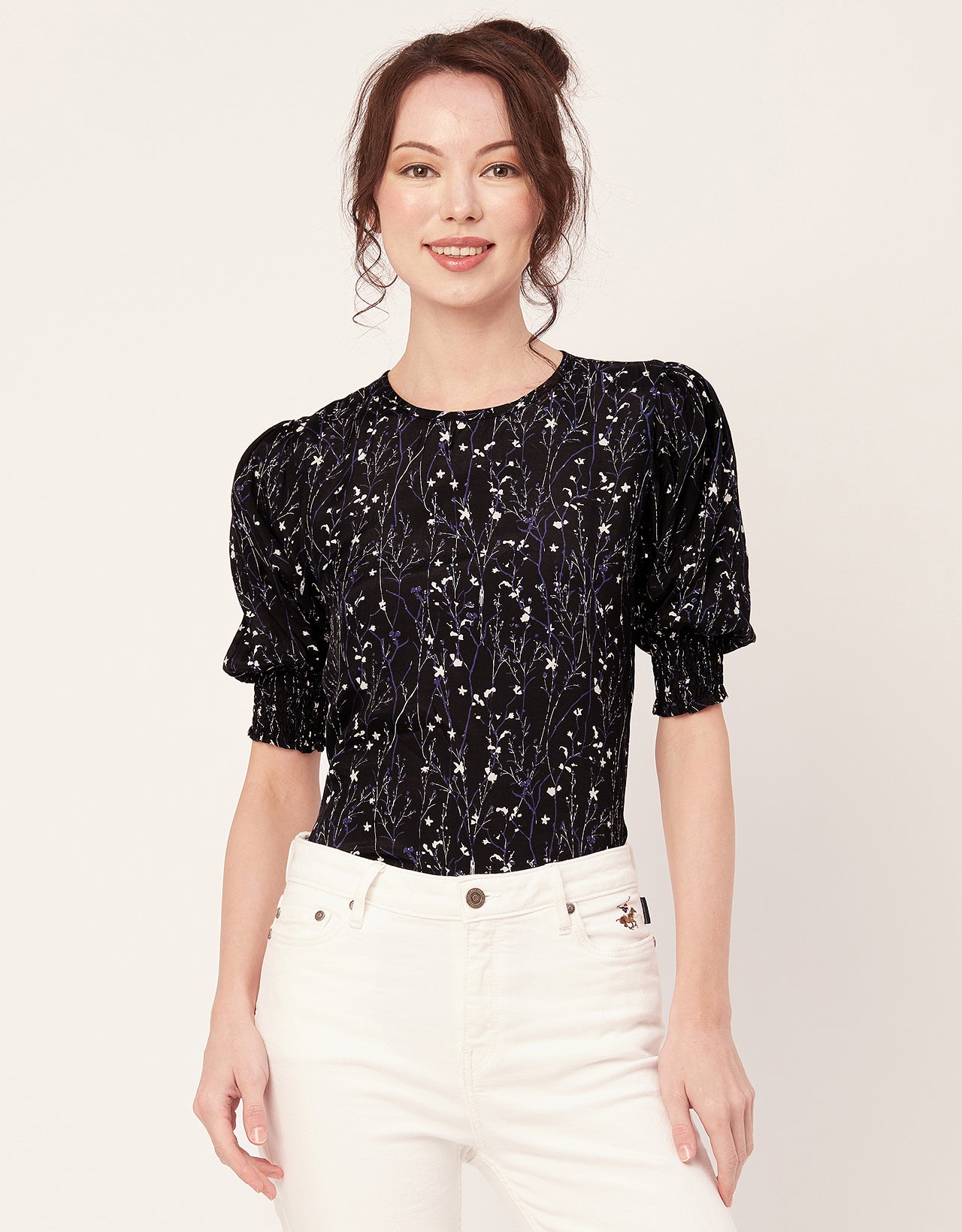 Printed Smocked Round Neck