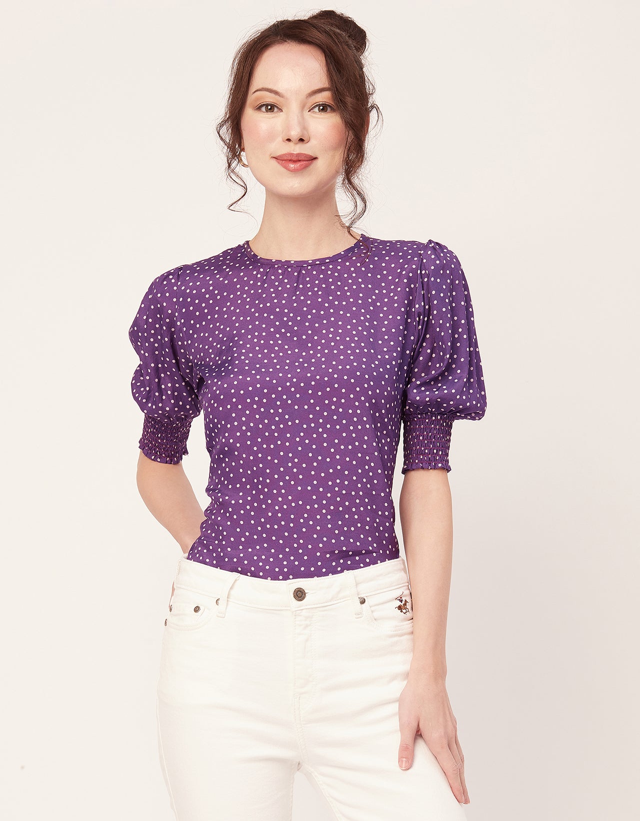 Printed Smocked Round Neck