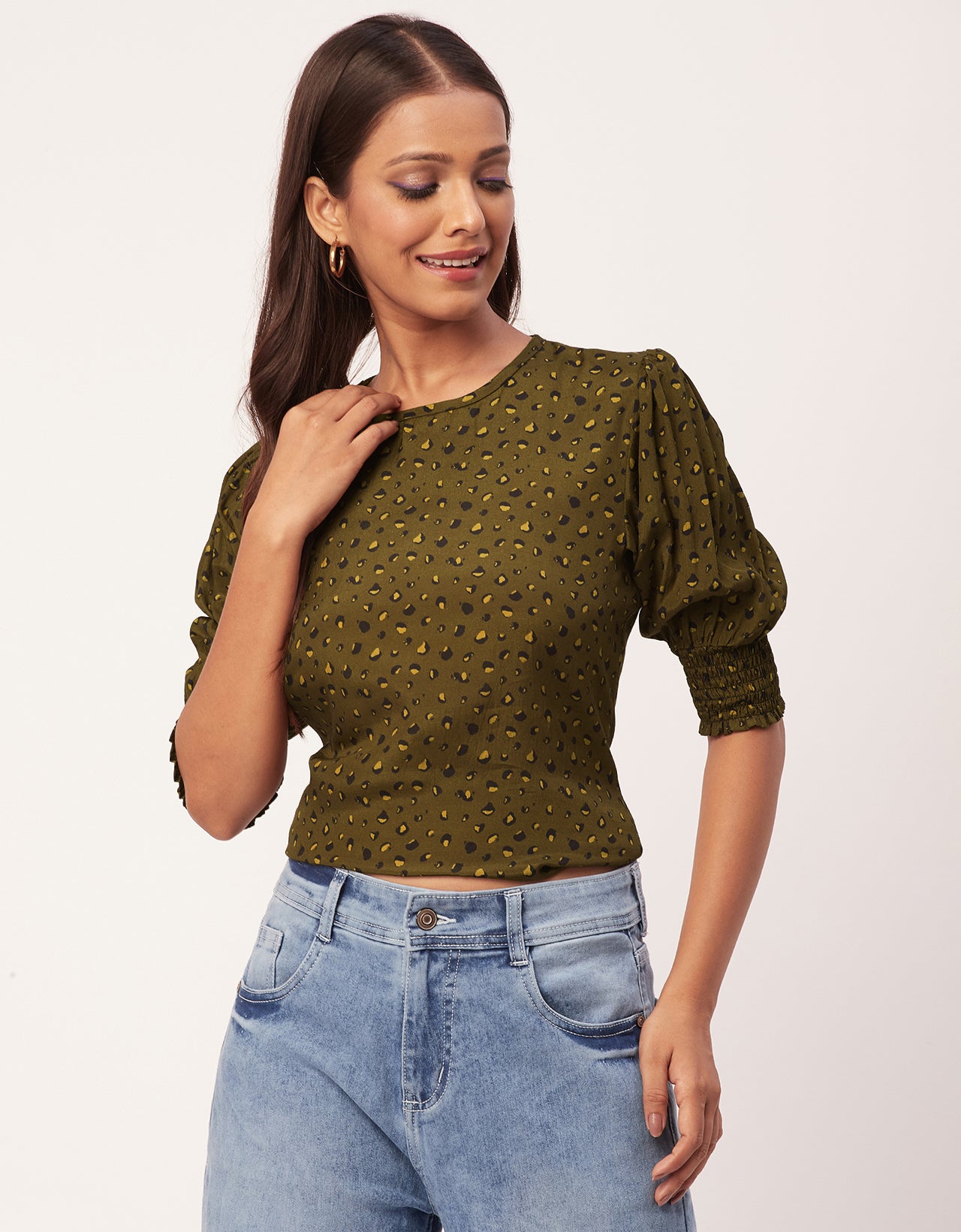 Printed Smocked Round Neck