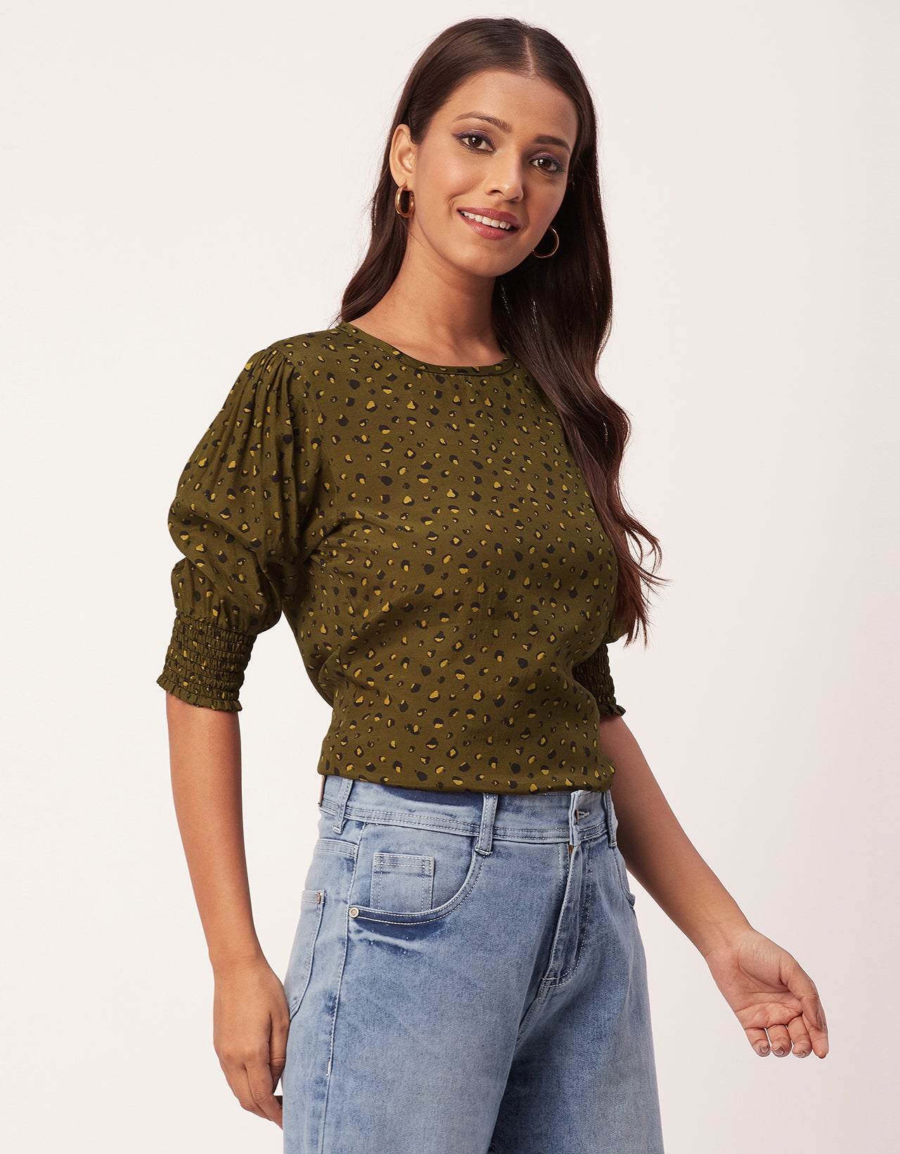 Printed Smocked Round Neck