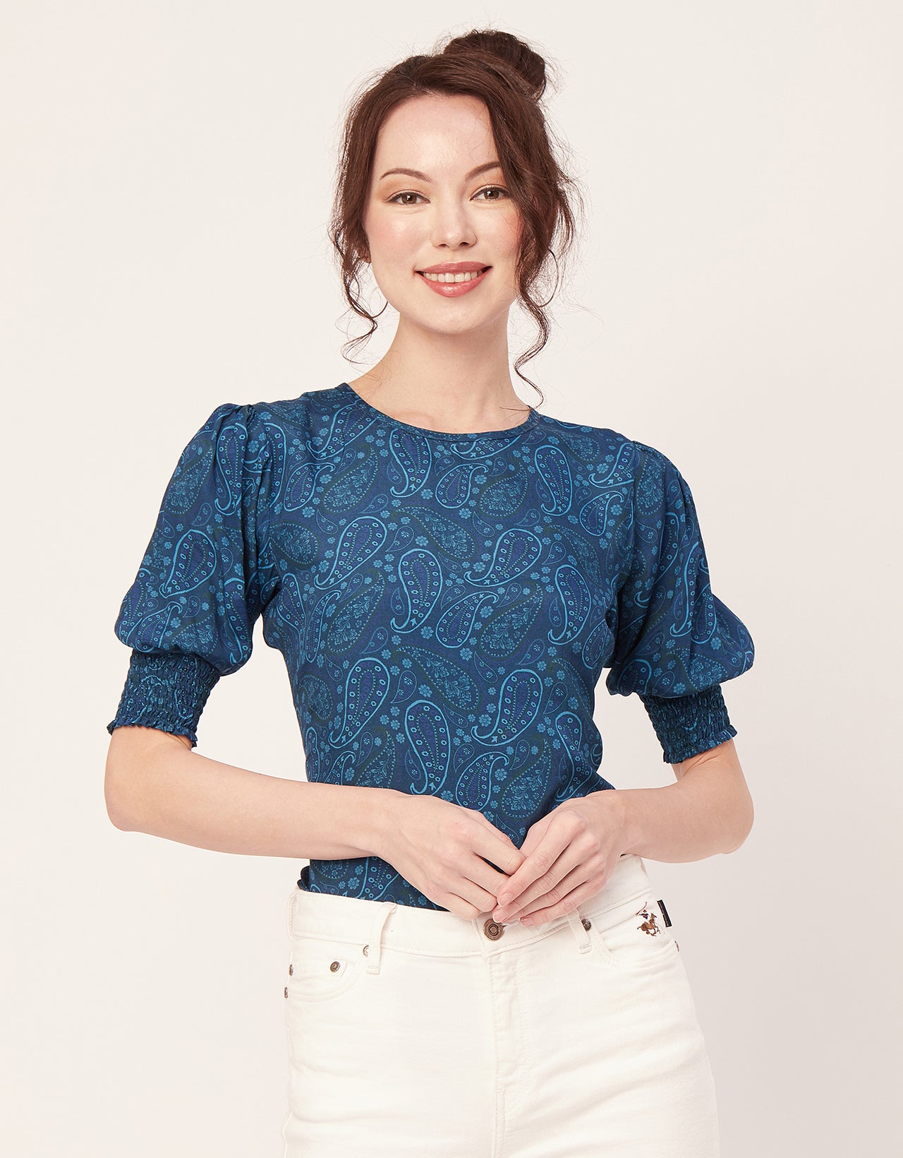 Printed Smocked Round Neck