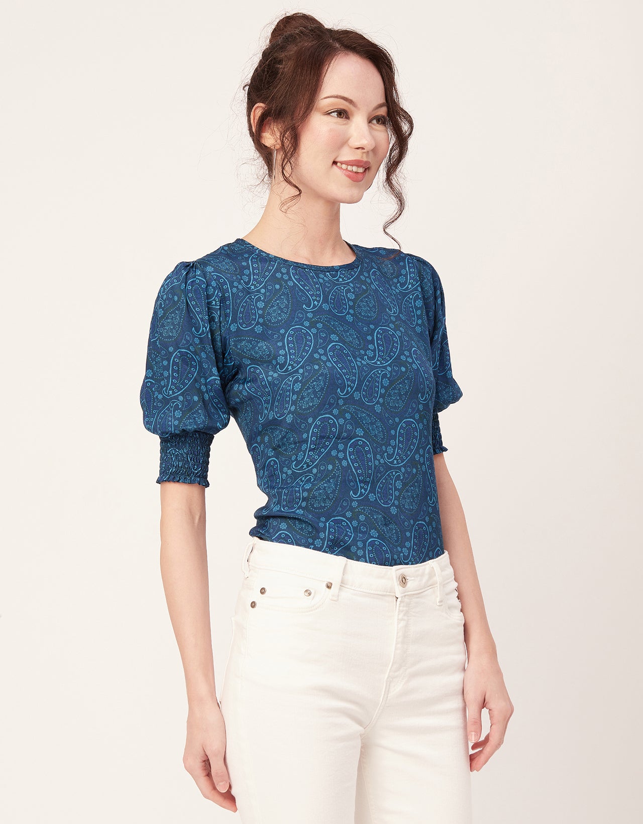 Printed Smocked Round Neck