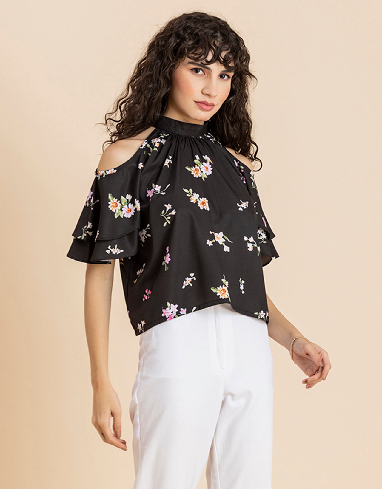 Cold Shoulder Ruffled Top