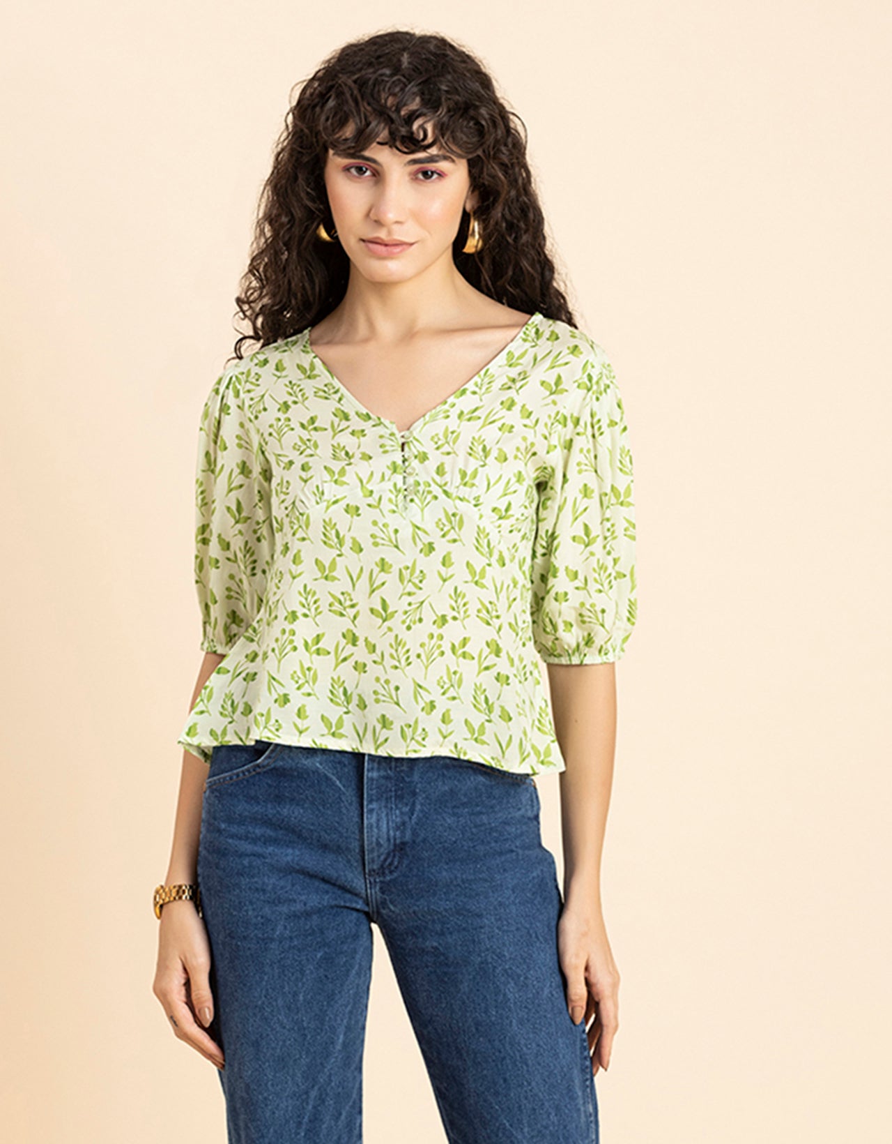 V-Neck Puff Sleeves Top