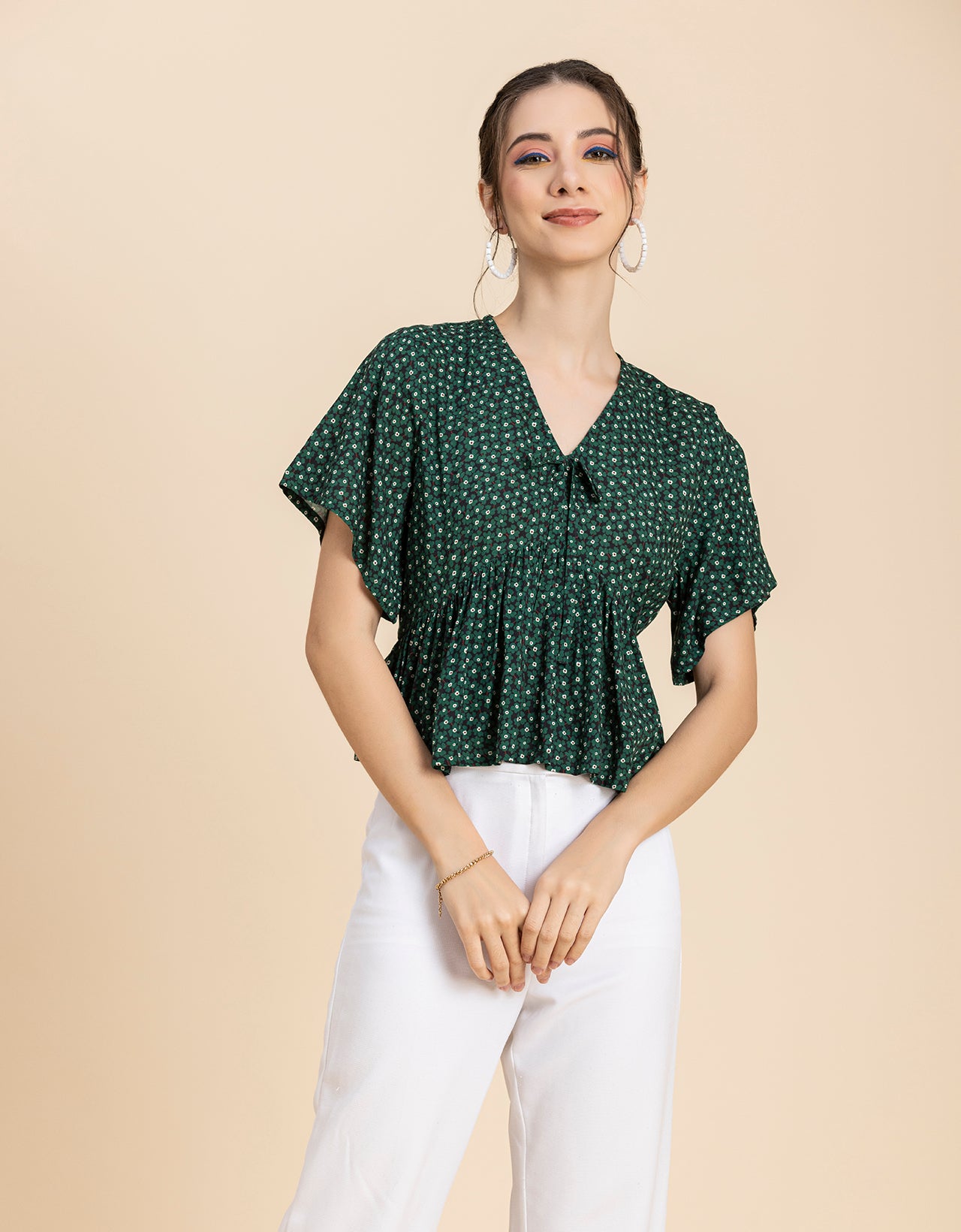 Printed V-Neck Peplum Top