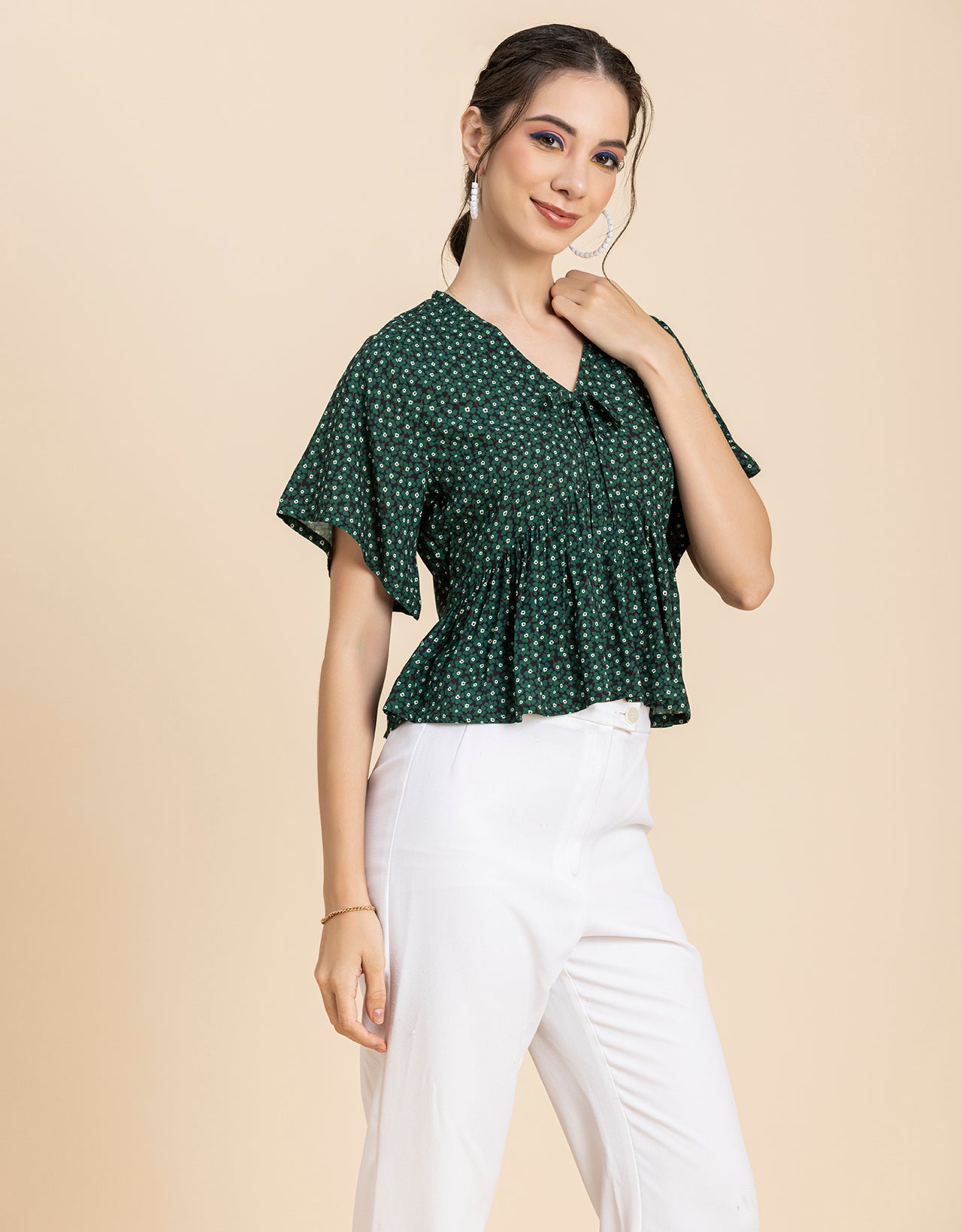 Printed V-Neck Peplum Top