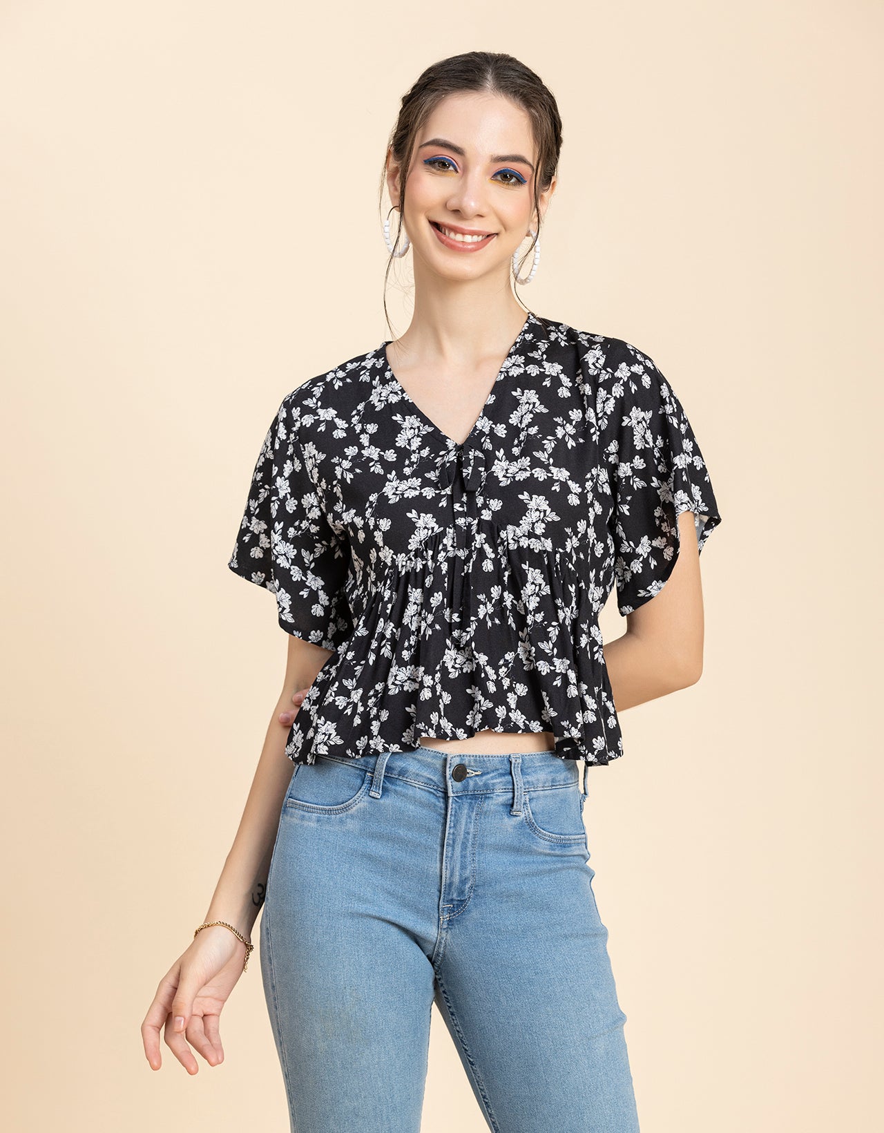 Printed V-Neck Peplum Top