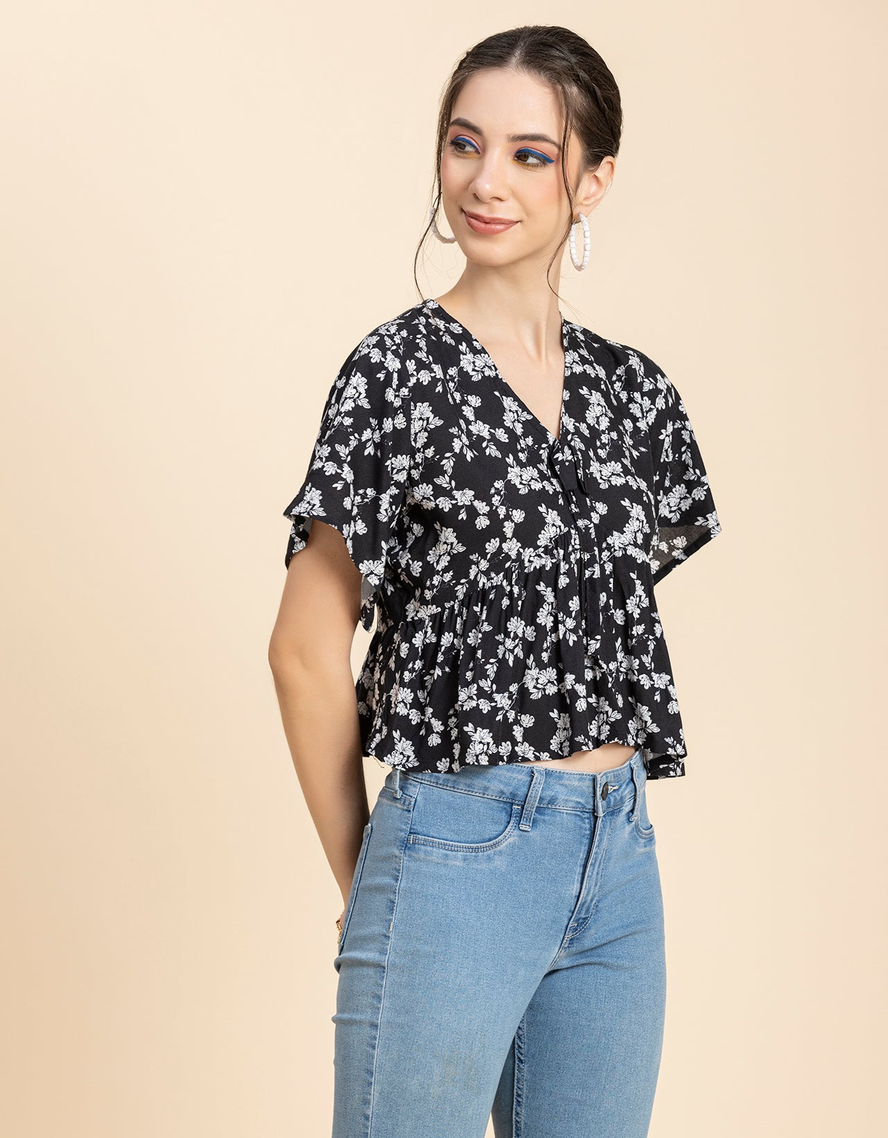 Printed V-Neck Peplum Top