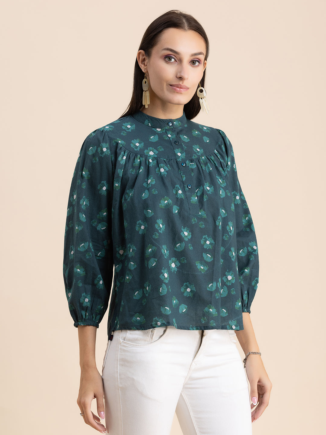 Printed Mandarin Collar