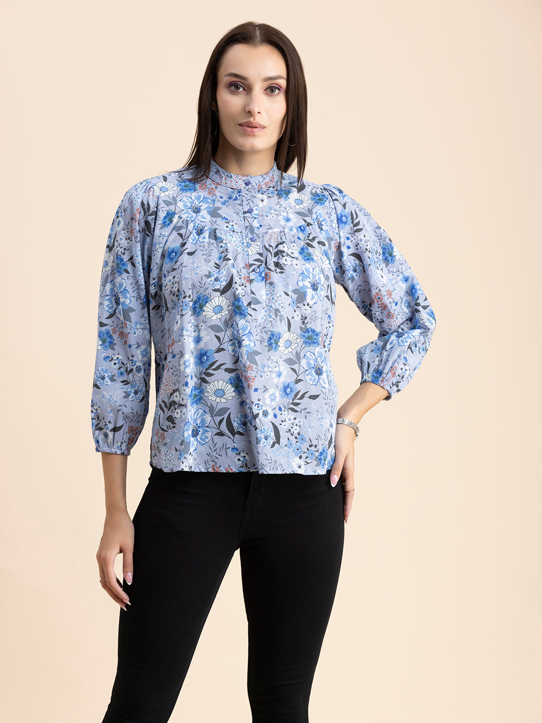 Printed Mandarin Collar