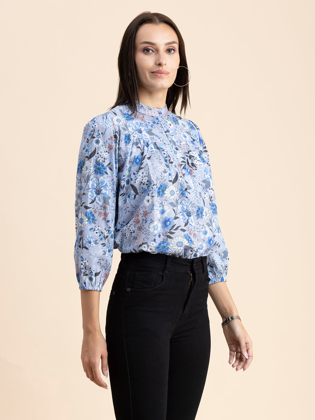 Printed Mandarin Collar