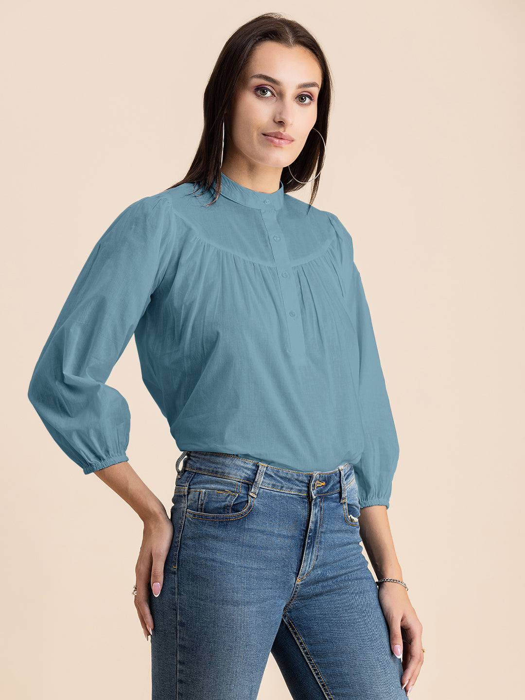 Printed Mandarin Collar