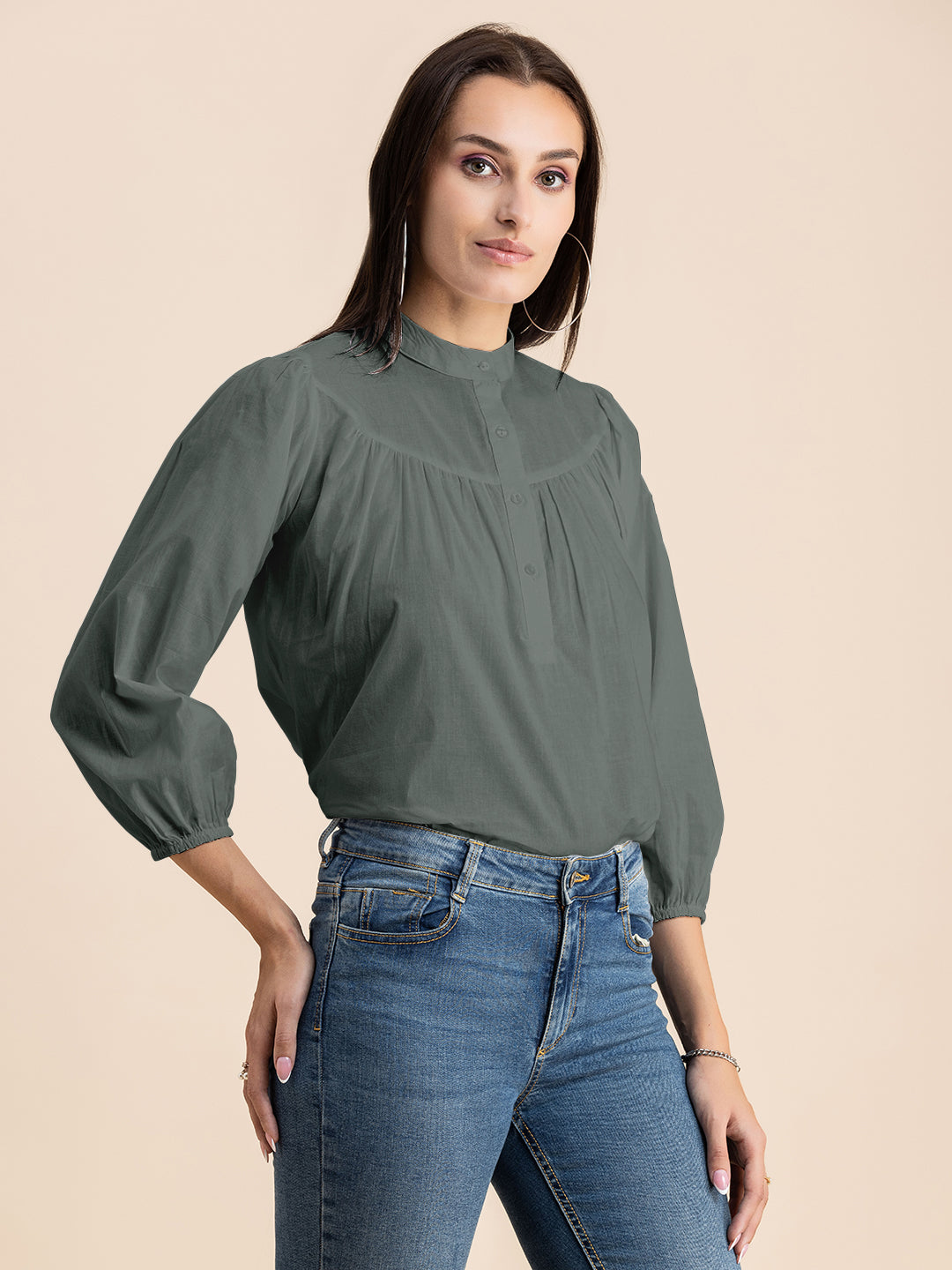 Printed Mandarin Collar