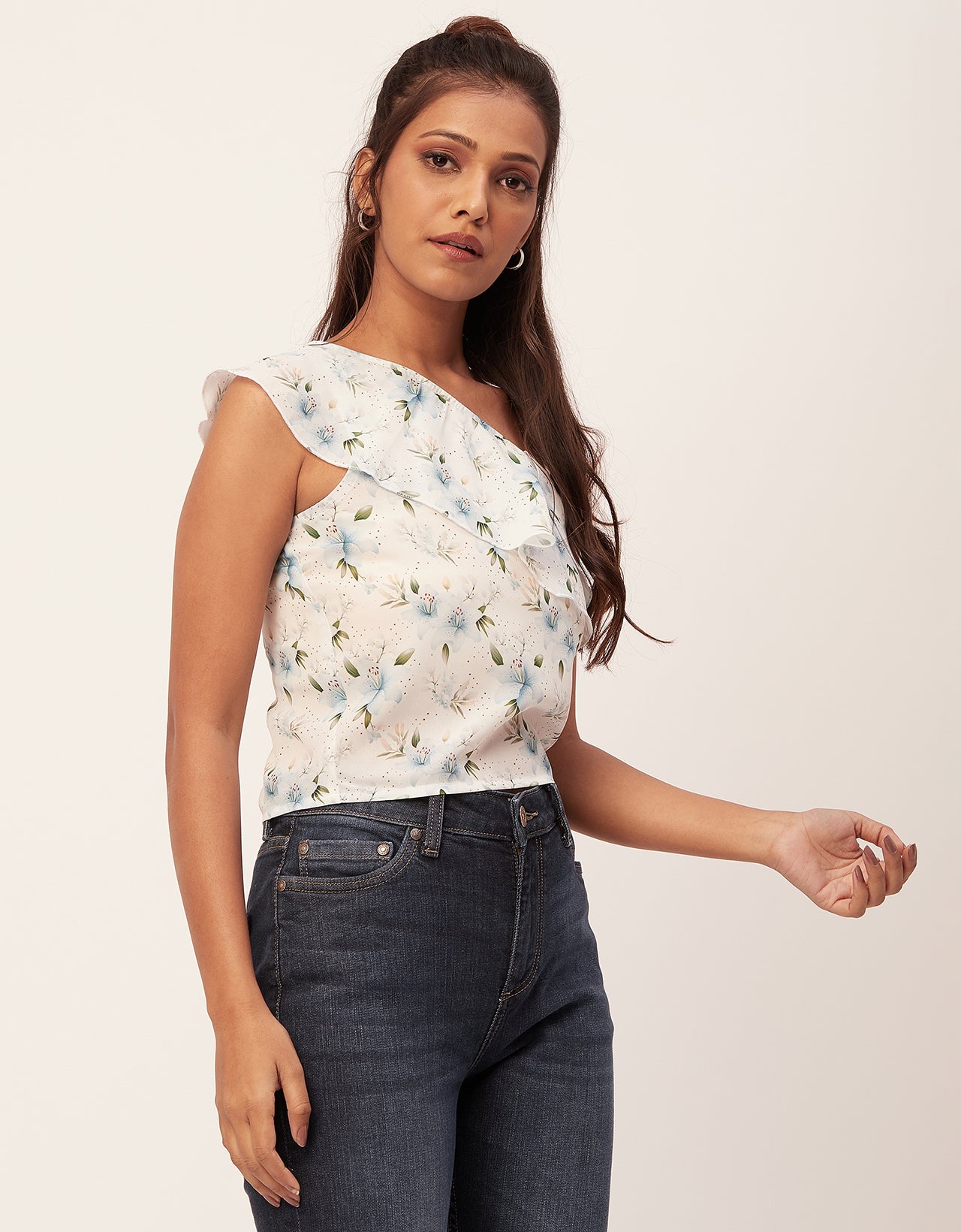 One Shoulder Ruffled Crop