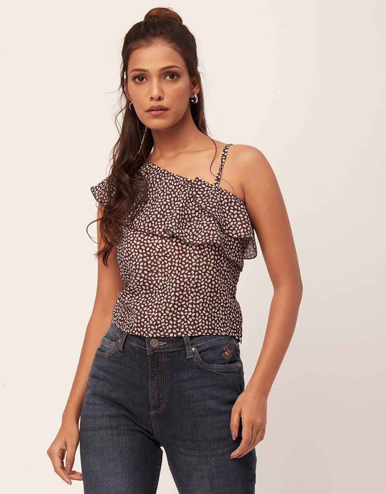 One Shoulder Ruffled Crop