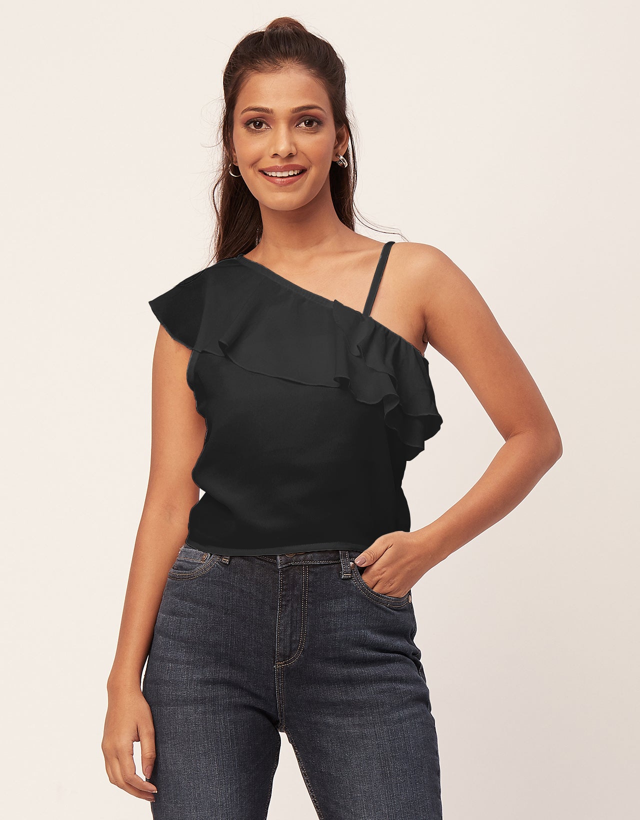 One Shoulder Ruffled Crop