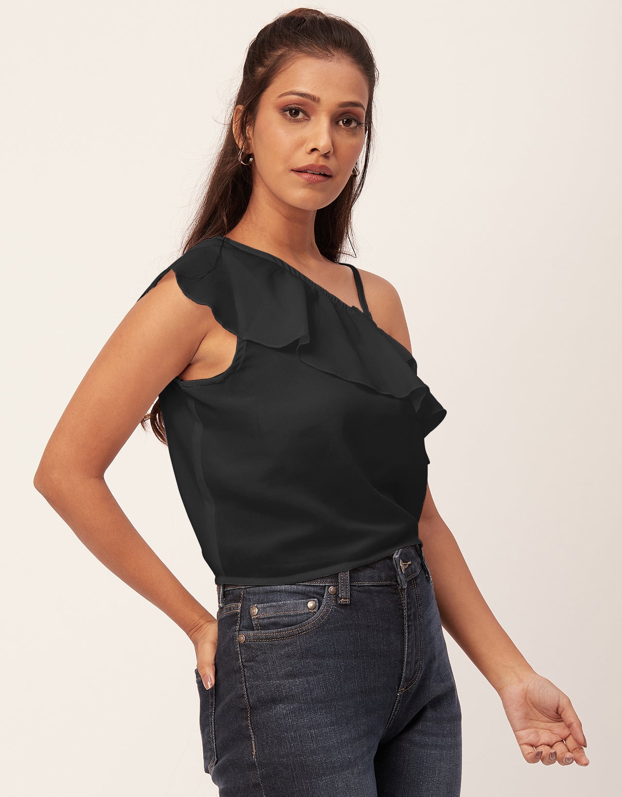 One Shoulder Ruffled Crop