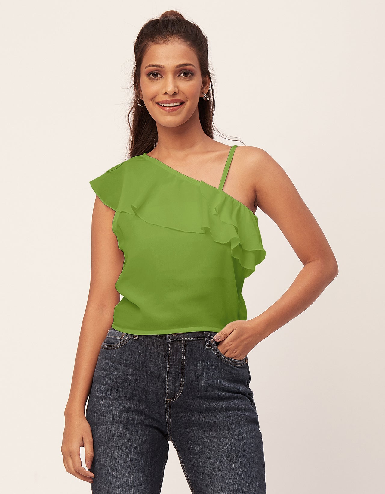 One Shoulder Ruffled Crop