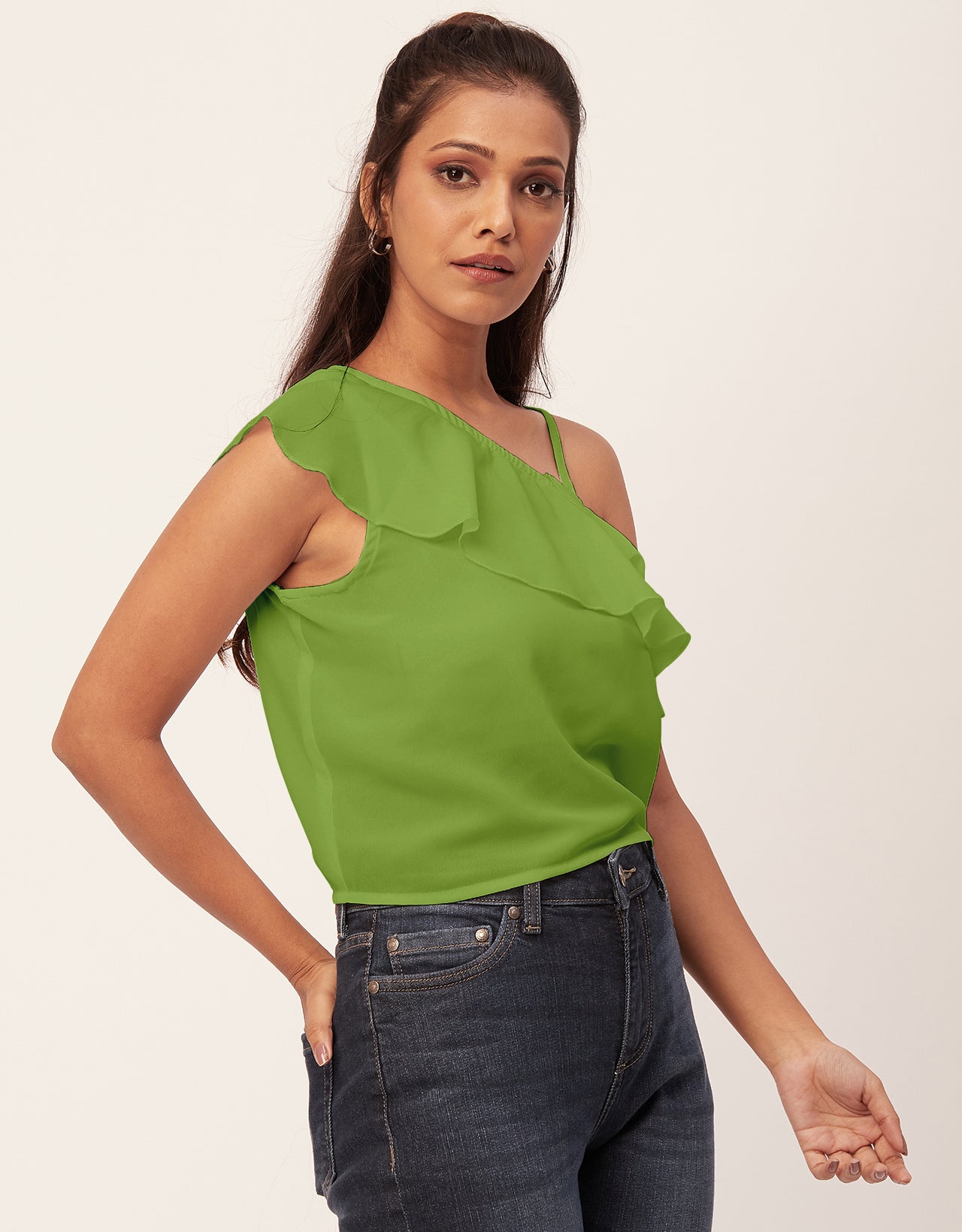 One Shoulder Ruffled Crop