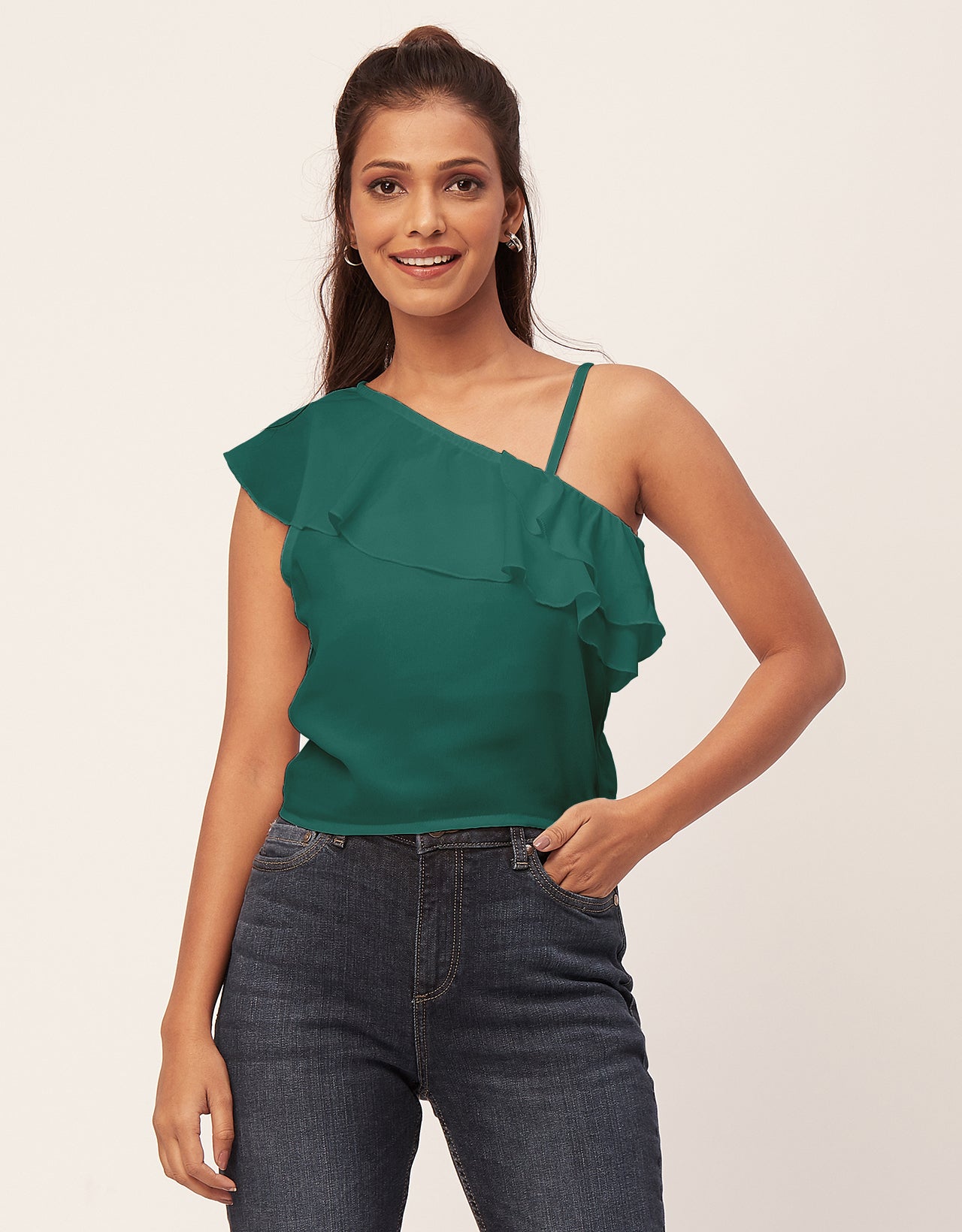 One Shoulder Ruffled Crop