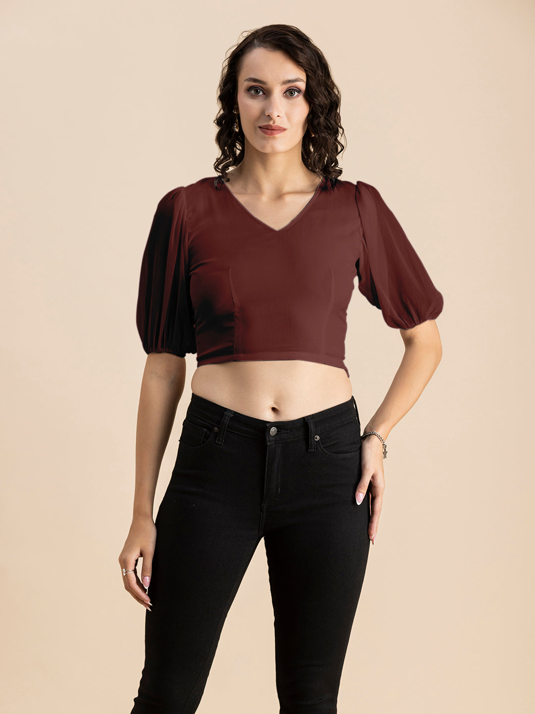 Solid V-Neck Puff Sleeve