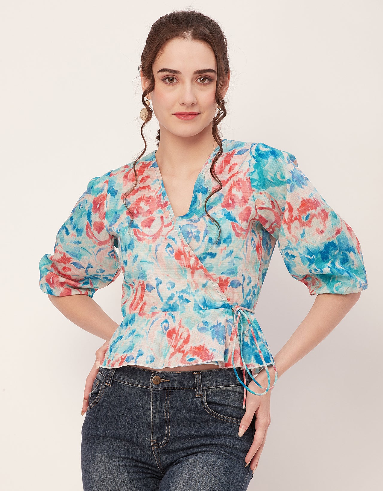 Printed V-Neck Wrap Top