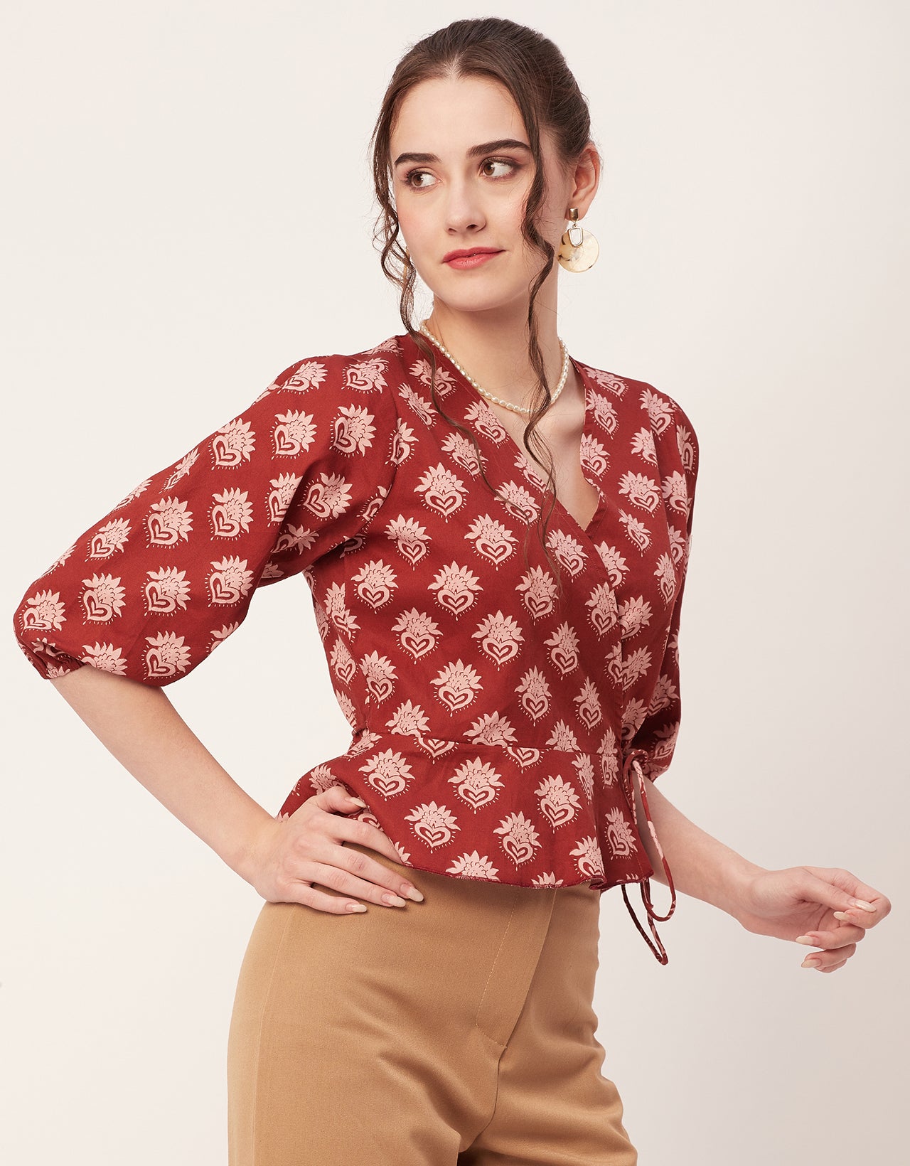 Printed V-Neck Wrap Top