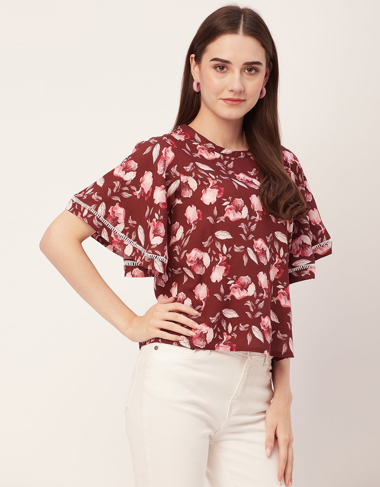Printed Lace Flutter Top