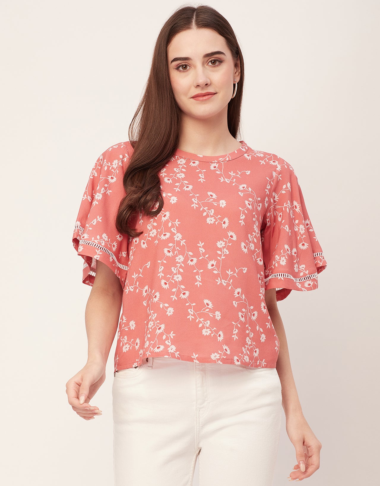 Printed Lace Flutter Top