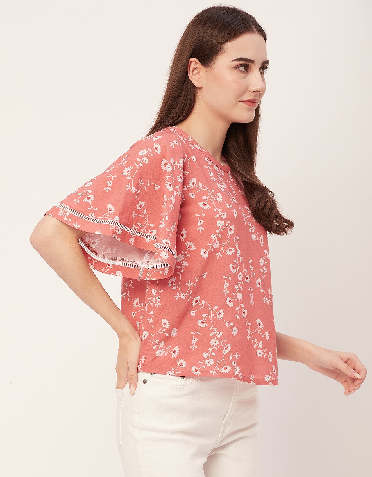 Printed Lace Flutter Top