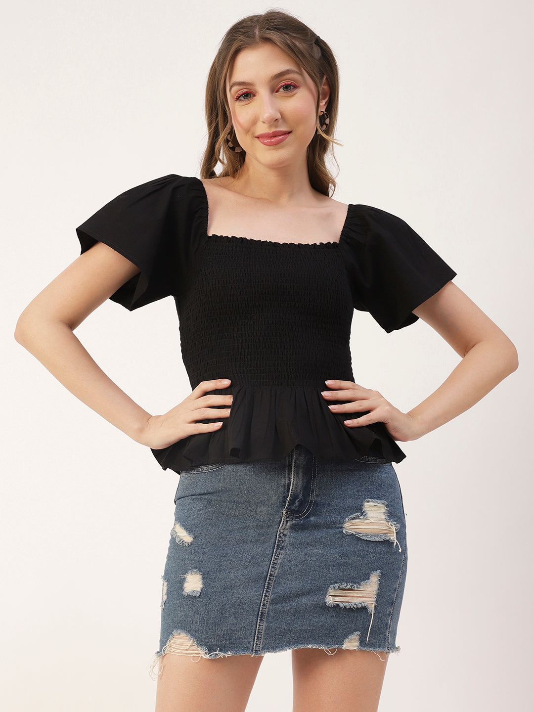 Printed Cotton Smocked Top