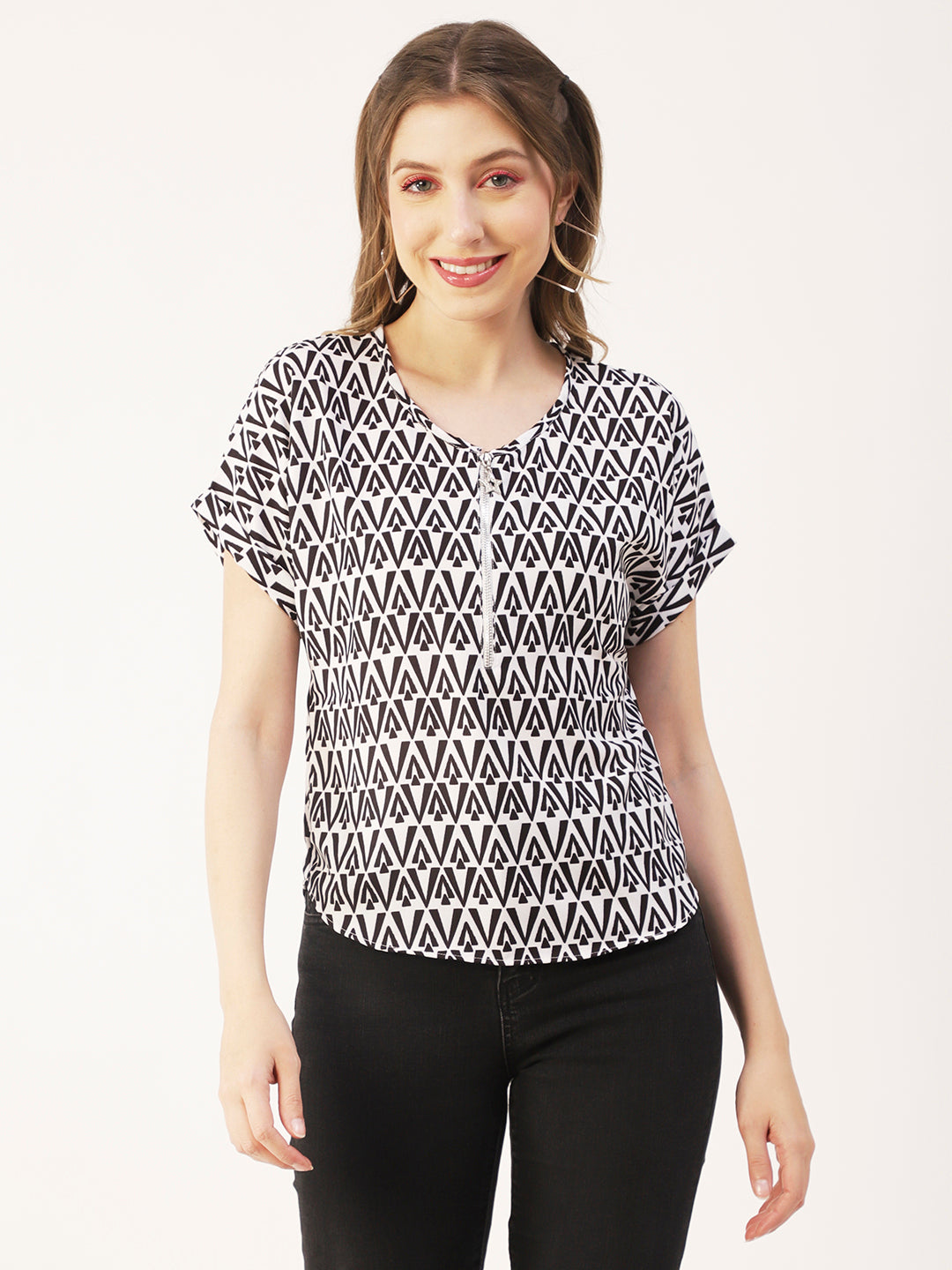 Printed Front Zip-Up Top