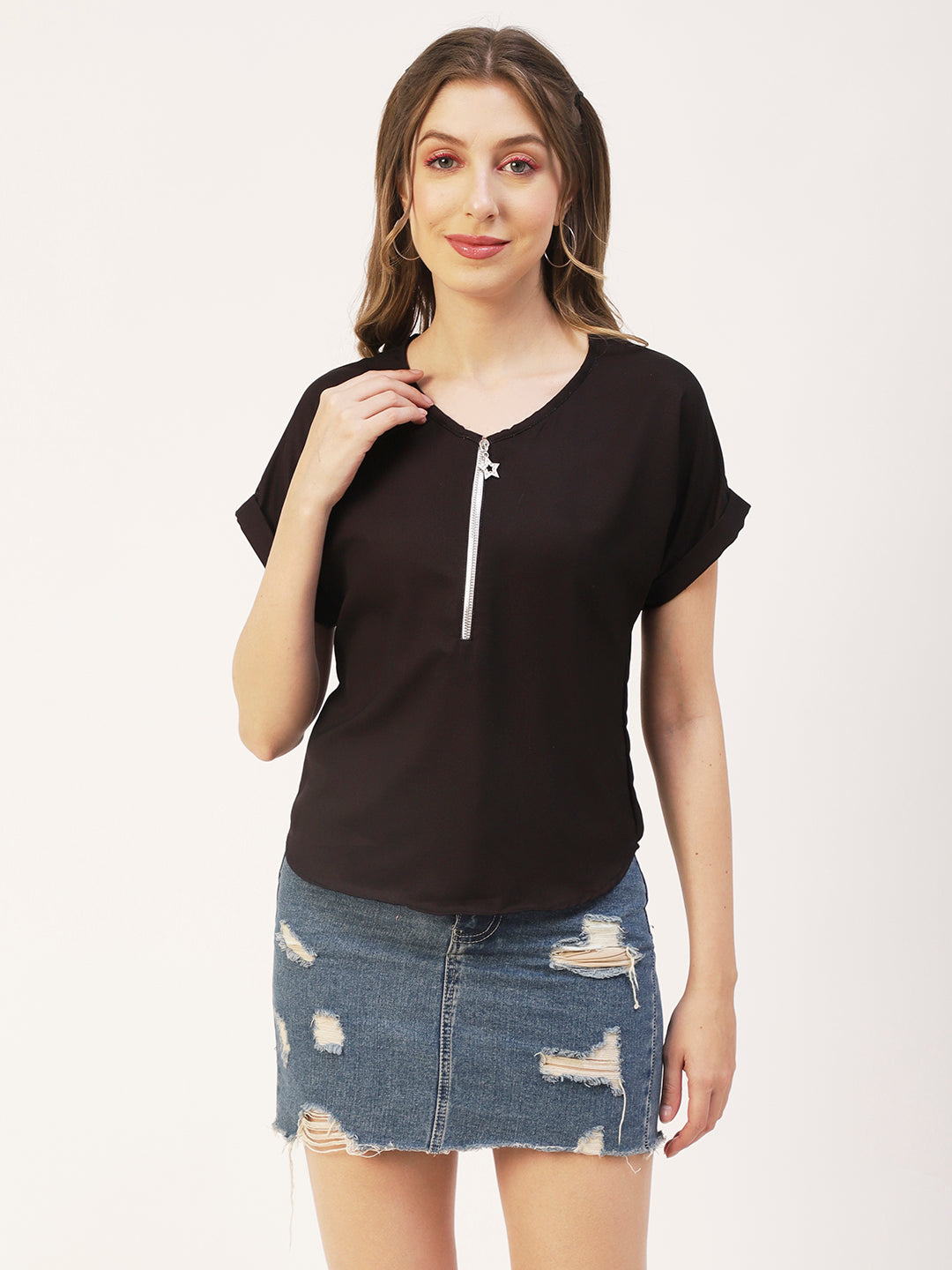 Printed Front Zip-Up Top