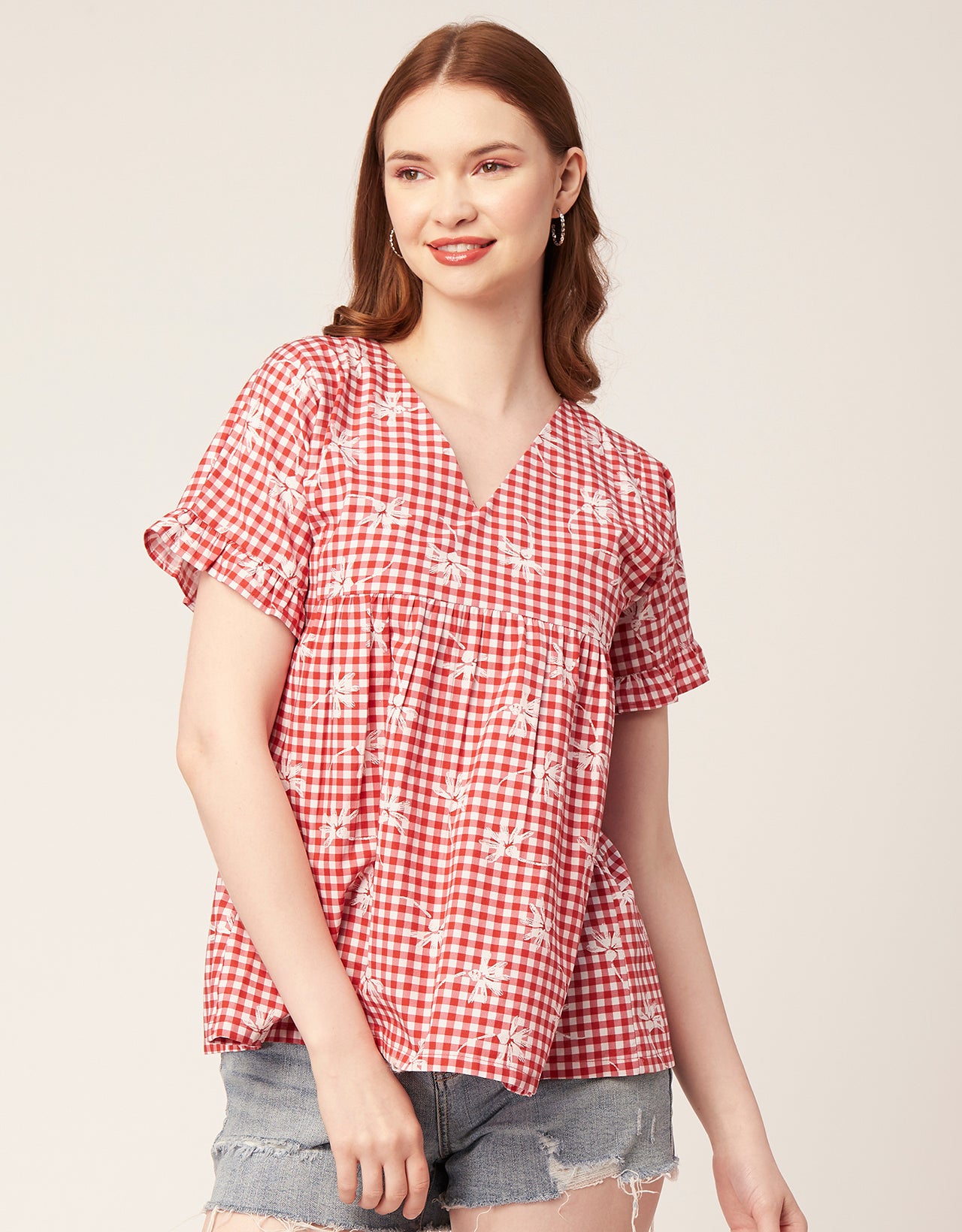 Printed V-Neck Flared Top