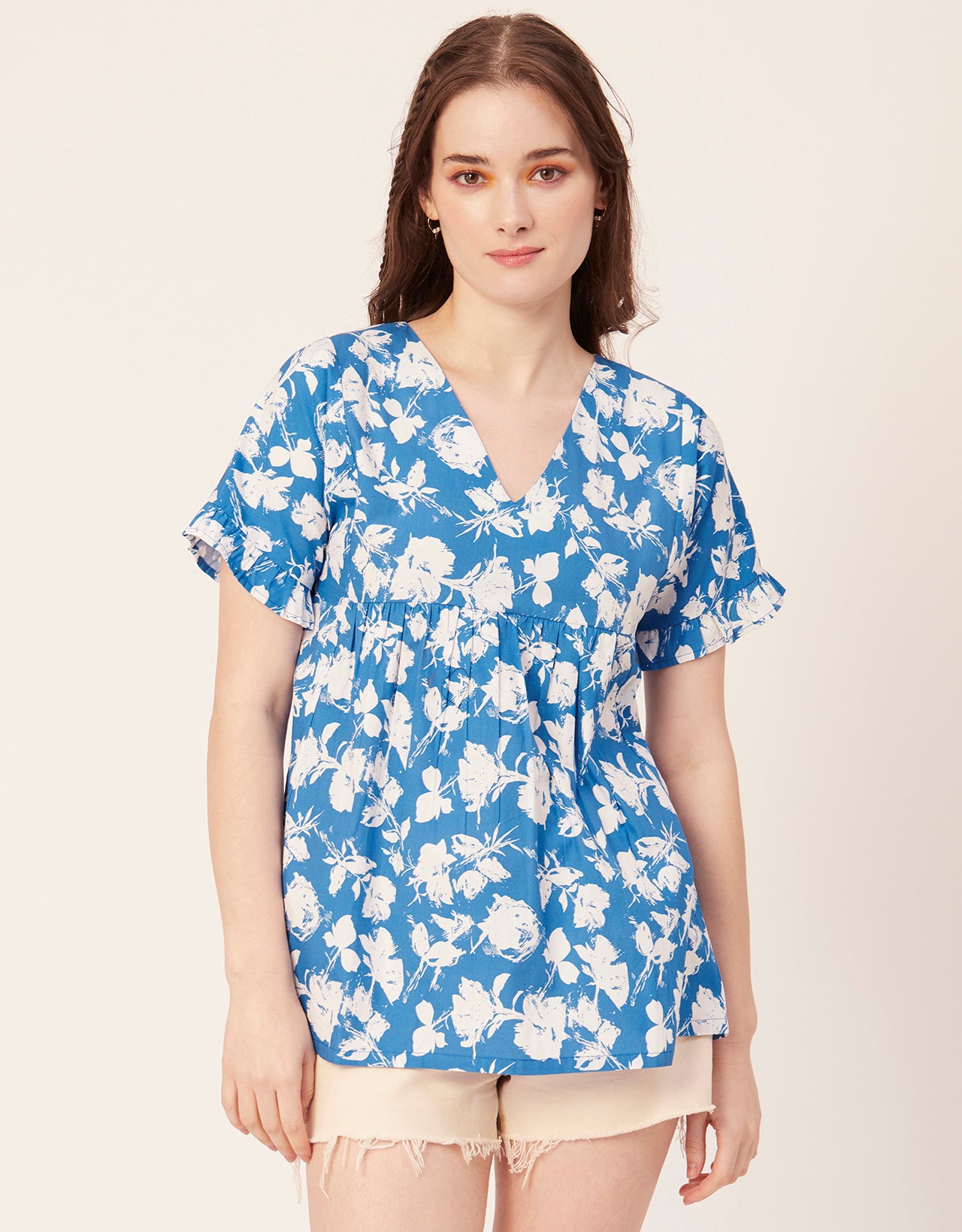 Printed V-Neck Flared Top