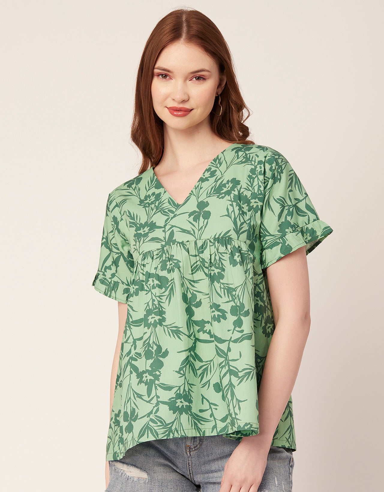 Printed V-Neck Flared Top