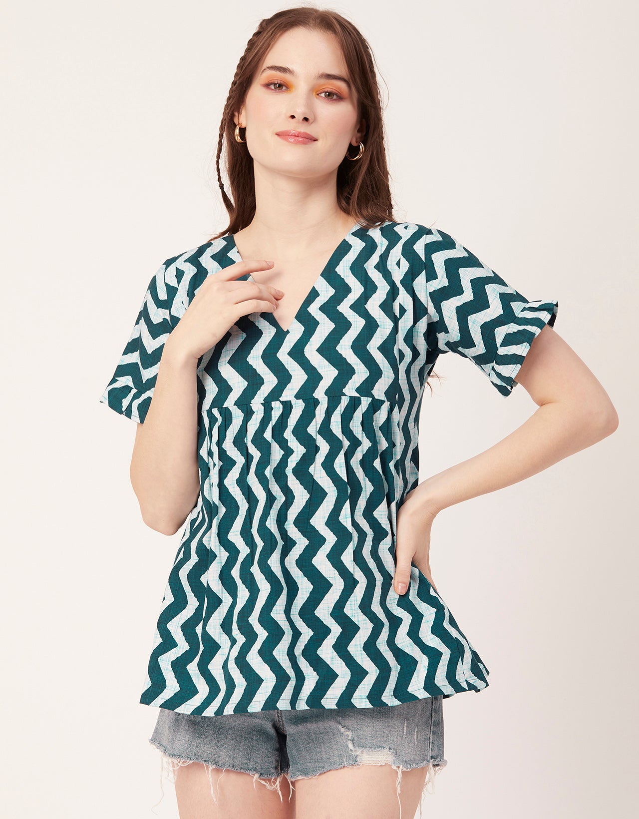 Printed V-Neck Flared Top