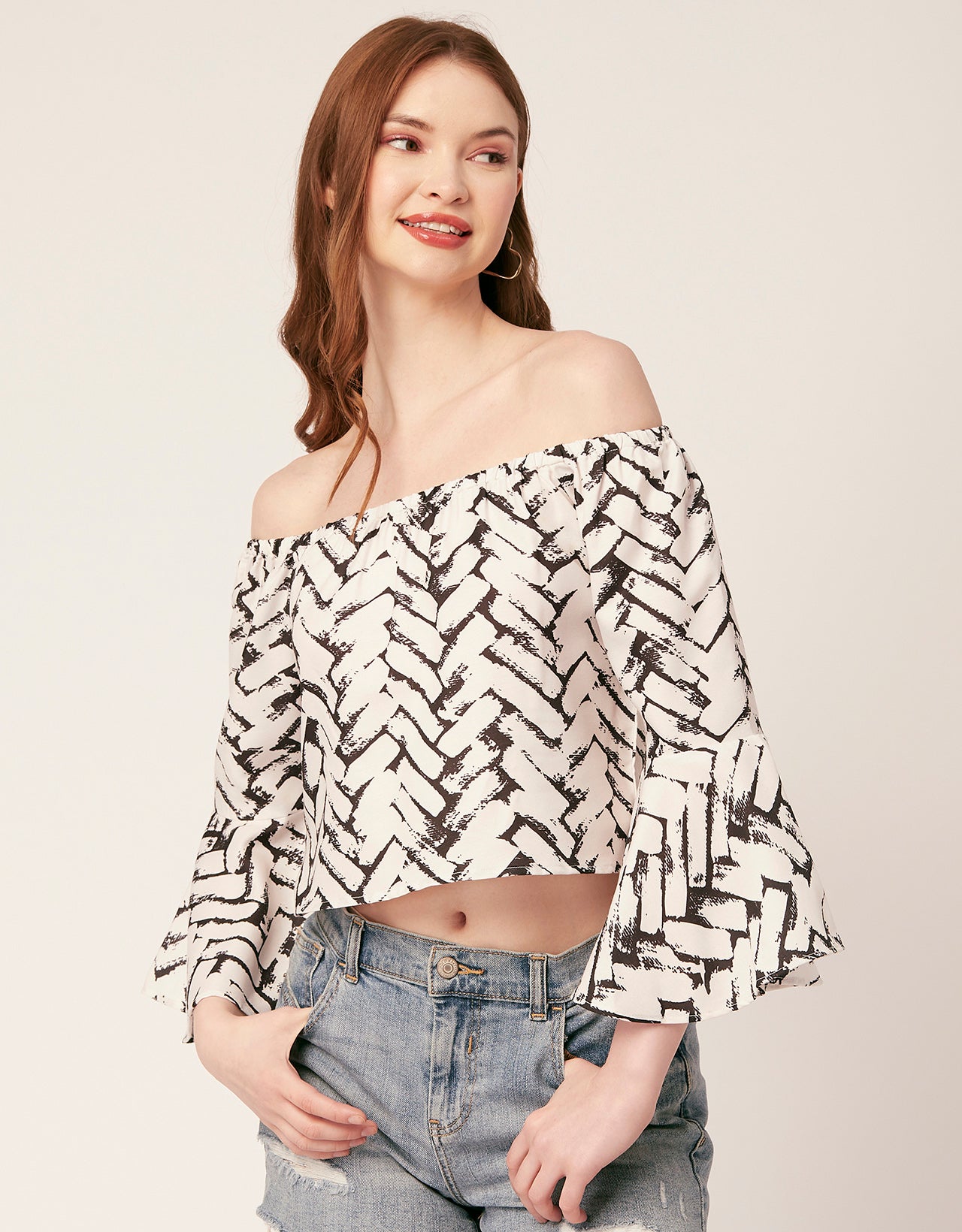 Printed Off-Shoulder Bell Top