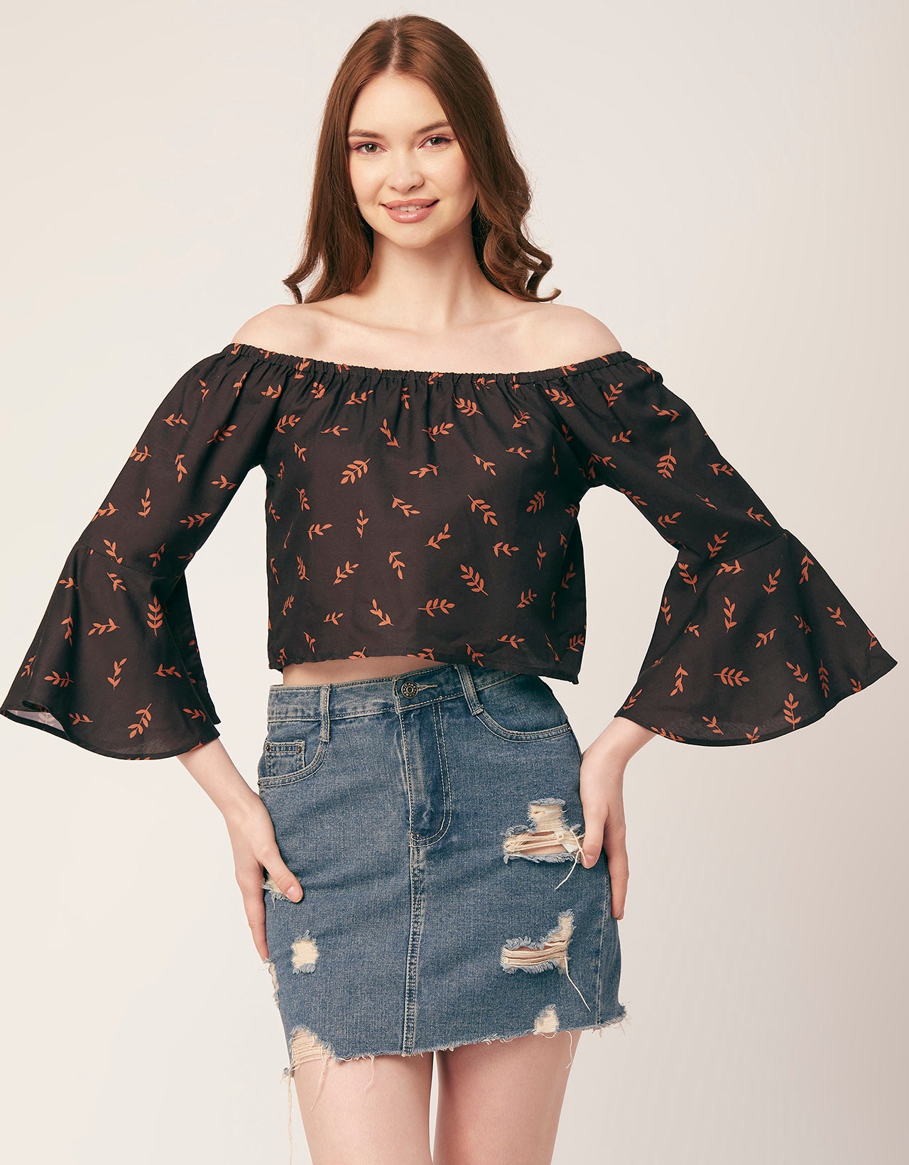 Printed Off-Shoulder Bell Top
