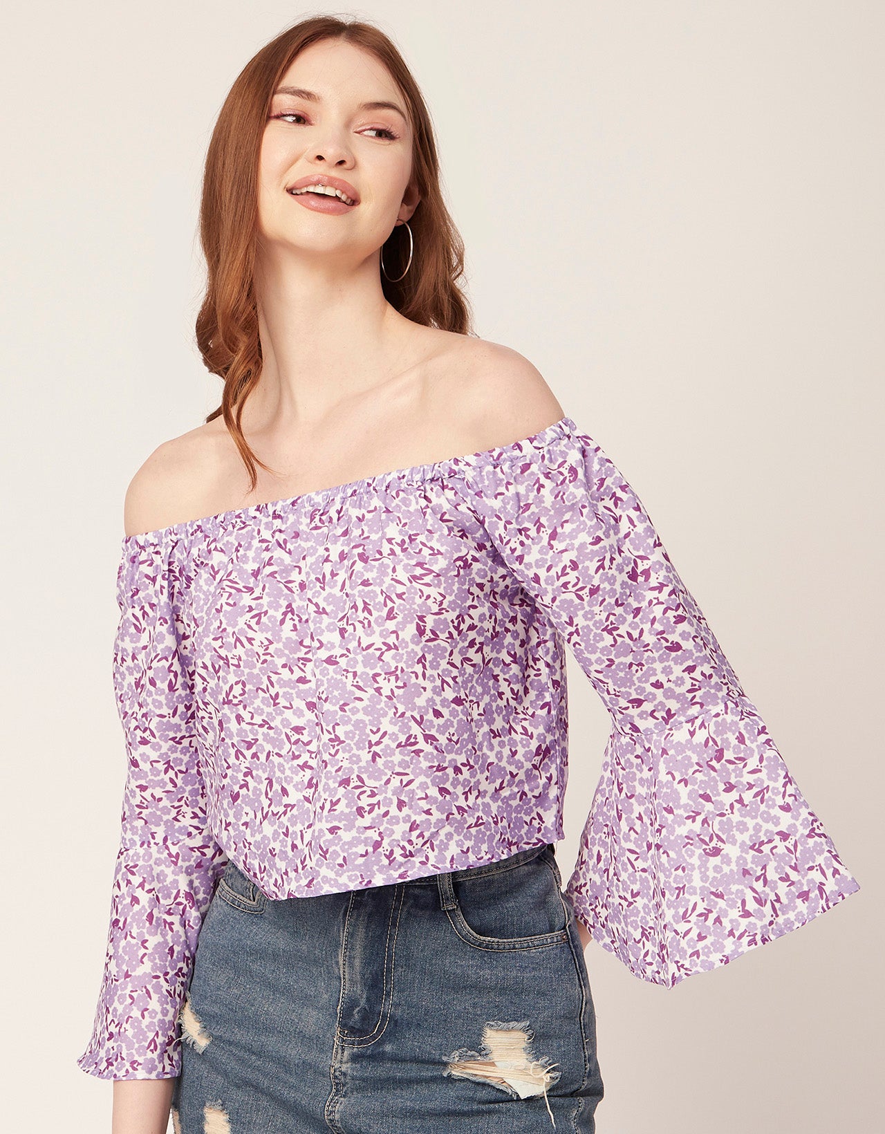 Printed Off-Shoulder Bell Top