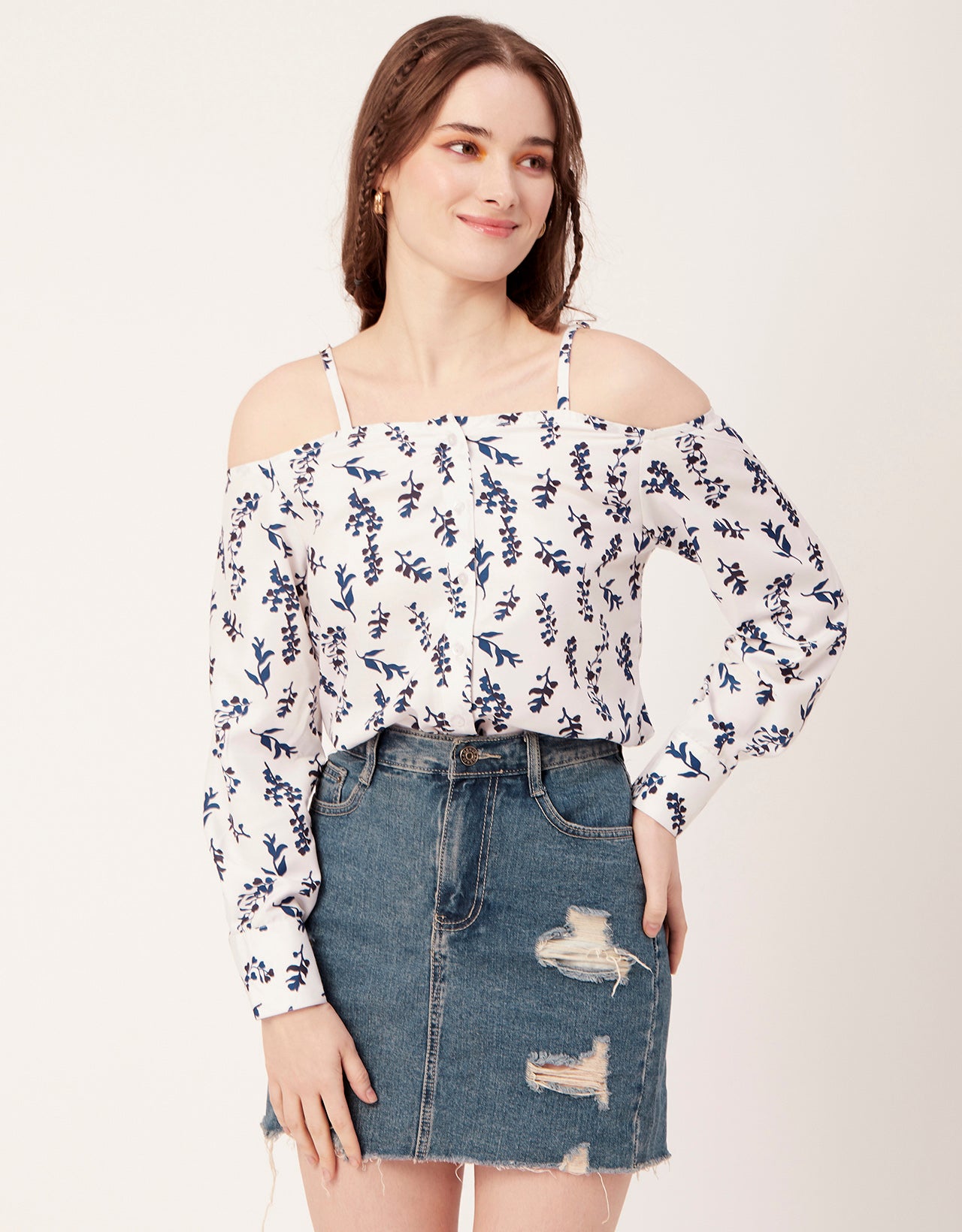 Printed Off-Shoulder Button Top