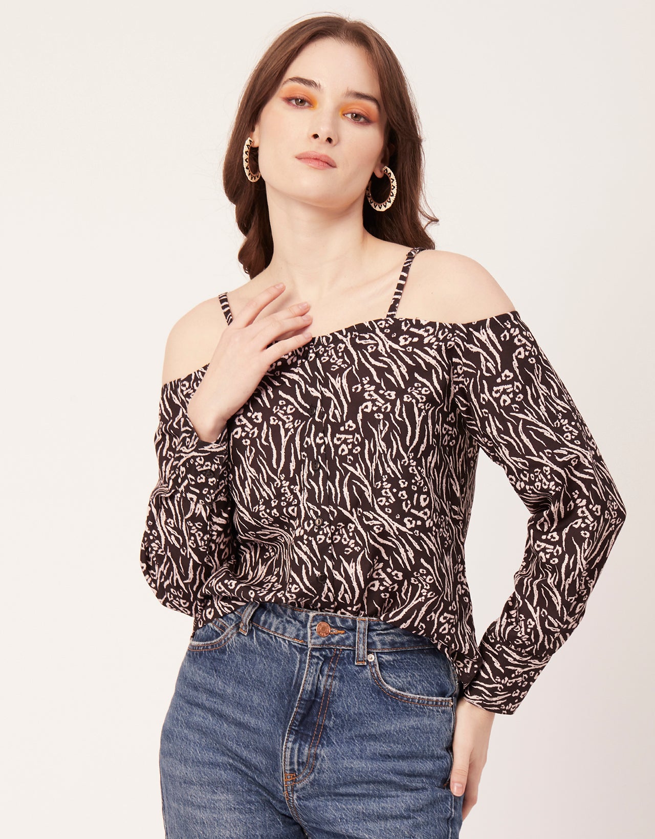 Printed Off-Shoulder Button Top
