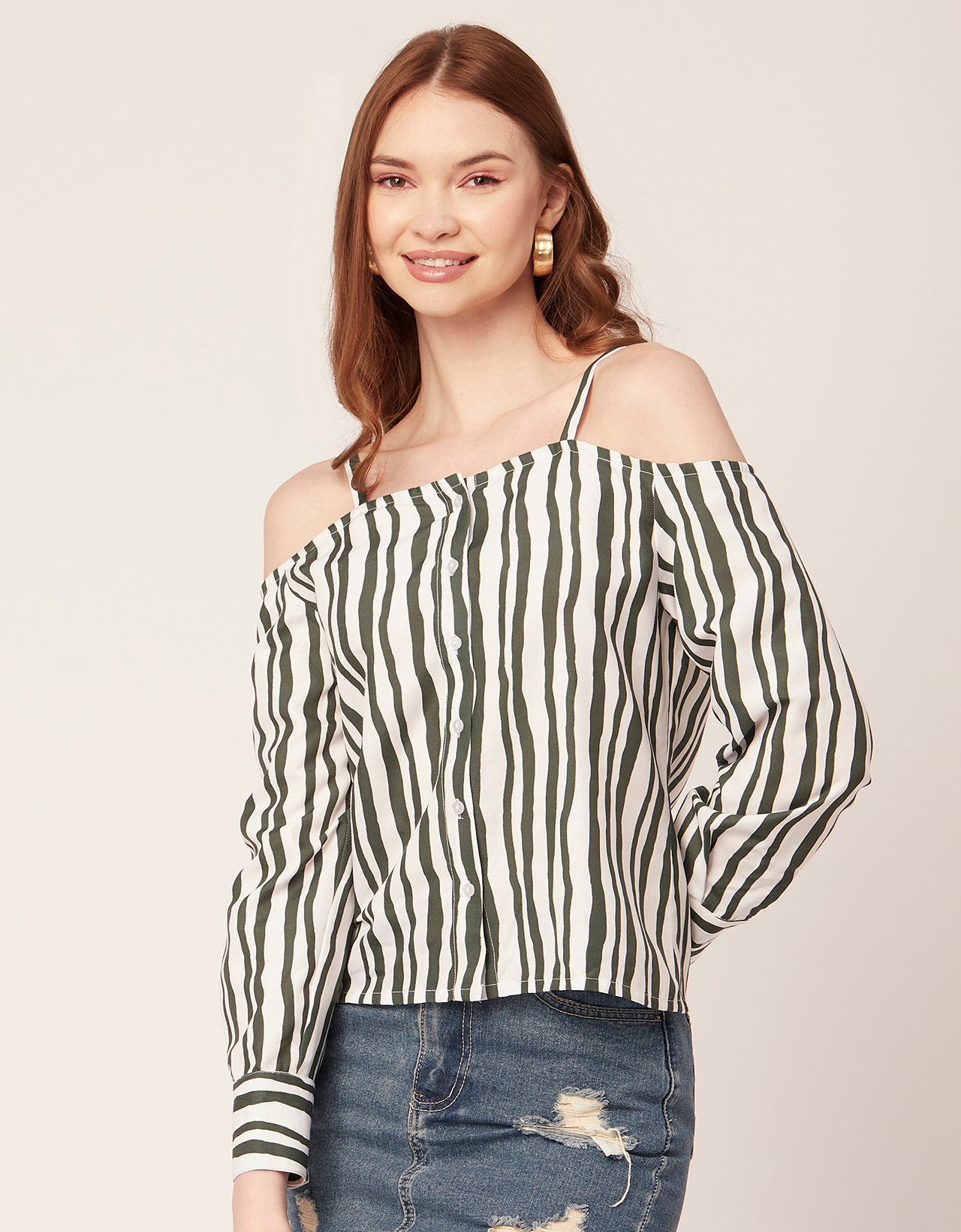 Printed Off-Shoulder Button Top
